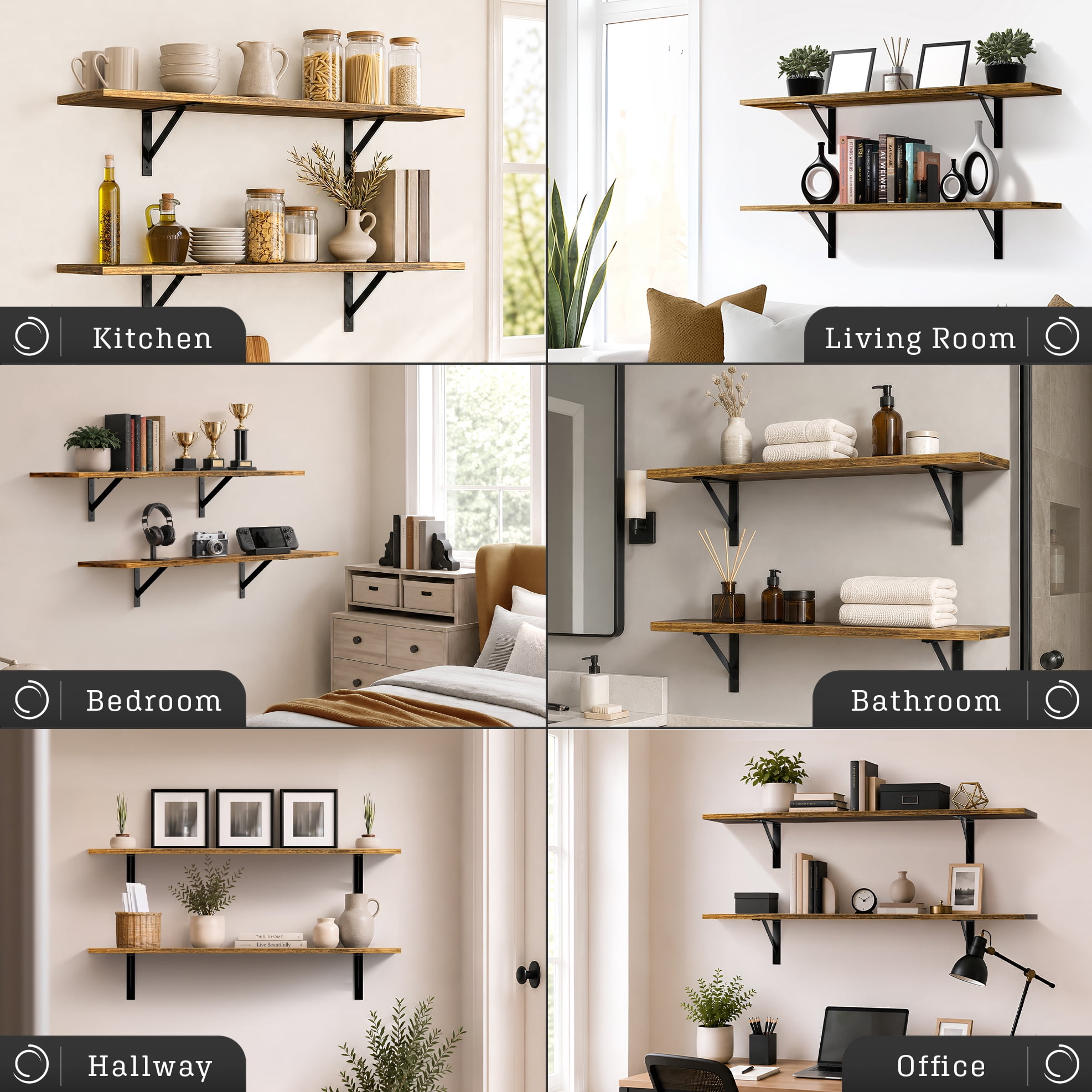 Sorbus 47.3 in Wood Wall Shelves with Black Metal Brackets, Brown, 2-Piece Set