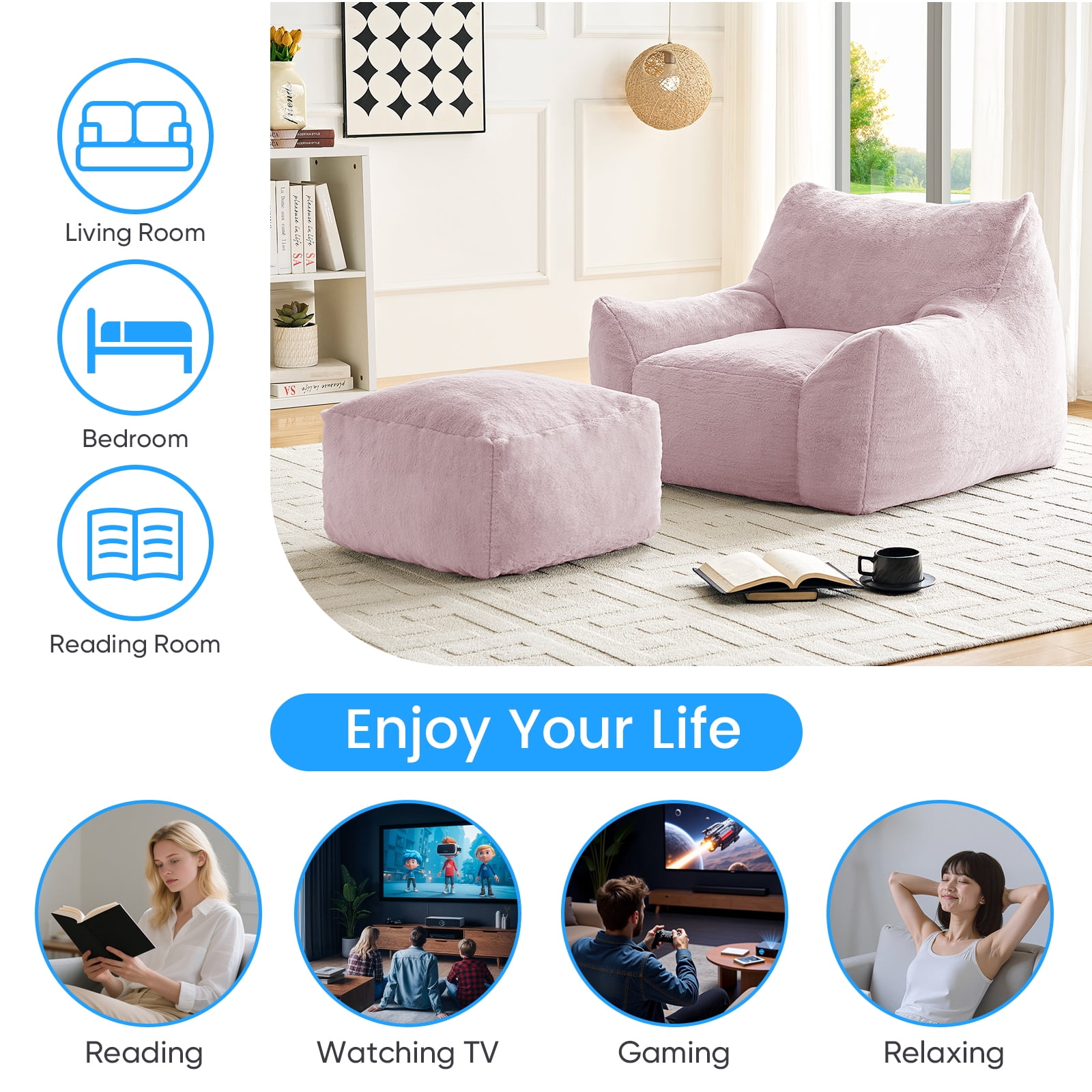 ZAFLY Oversized Bean Bag Chair for Adults, Faux Fur Large Comfy Chair with Footstool, Big Lazy Floor Sofa for Gaming - Pink