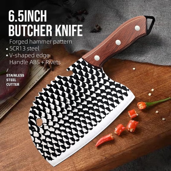 High Carbon Steel Butcher Knife 6.5" Cleaver Knife Hand Forged Serbian Chefs Boning Knife for Meat Cutting Slicing Fish Vegetables (Unique Fish Scale Laser)