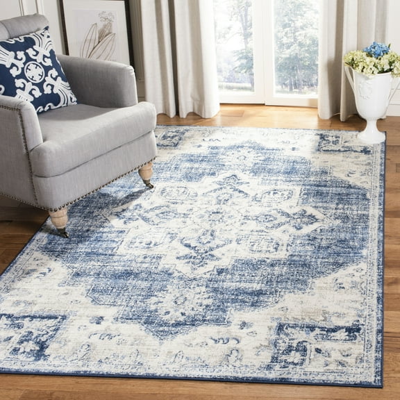 SAFAVIEH Brentwood Salah Oriental Area Rug, Ivory/Navy, 5' x 5' Square