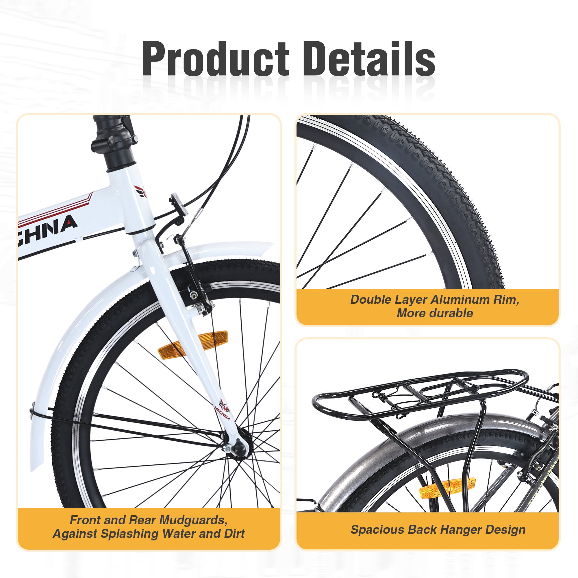 Mountain Bikes 24 Inch Folding Bike for Adults with Fenders, Steel Frame Single Speed City Commuter, Dual V-Brake Portable Compact Bicycle for Men & Women,Hybrid Bikes