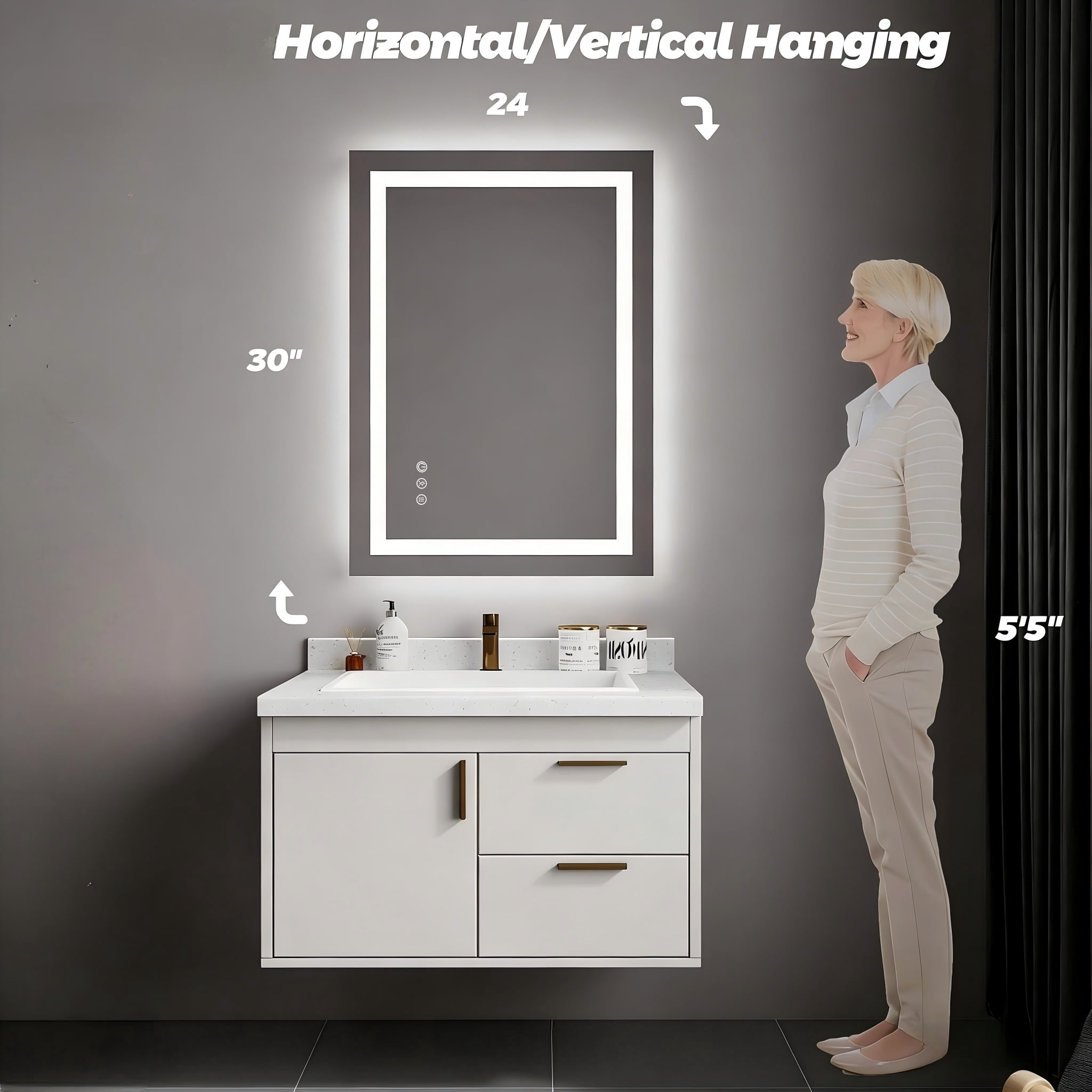 LED Bathroom Mirror with Lights, Anti-Fog, Dimmable, Backlit + Front Lit, Lighted Bathroom Vanity Mirror for Wall, Memory Function, Tempered Glass, Shatter-Proof, ETL Listed 24x30 in