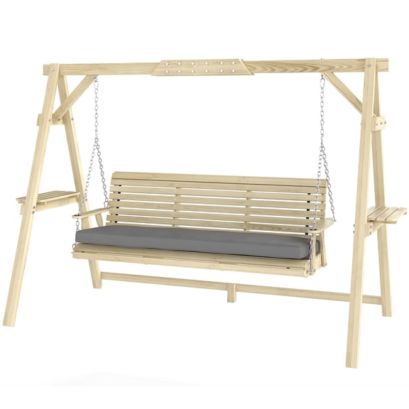 3 Seat Wooden Porch Swing with Stand, Patio Swing with Cushion, for Garden, Poolside, Backyard, Natural Wood