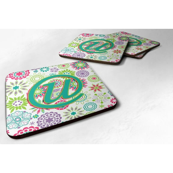 Letter U Flowers Pink Teal Green Initial Foam Coaster Set of 4