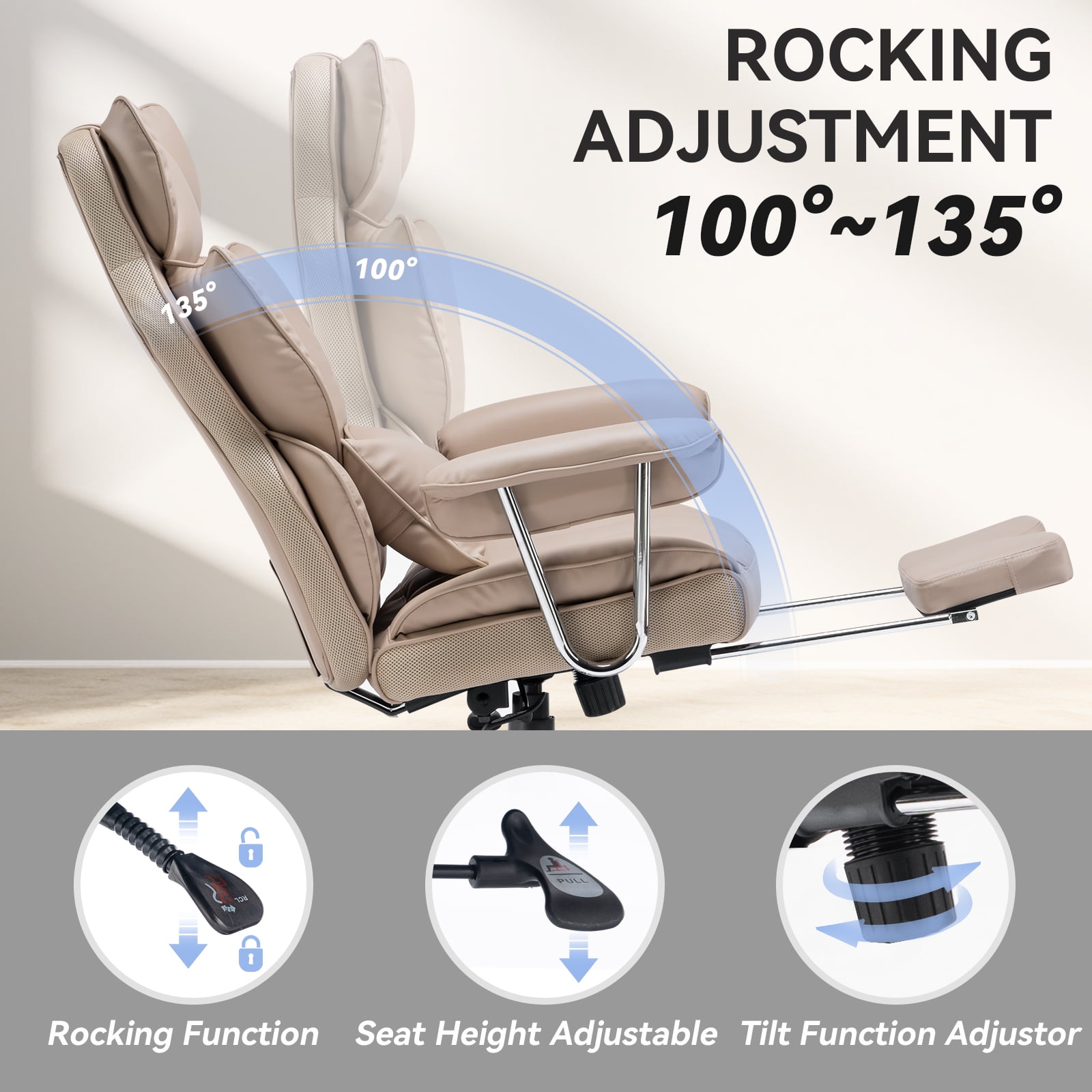 ATMILD 400 lbs Big and Tall Ergonomic PU Leather Office Chair with Footrest, Dark Beige