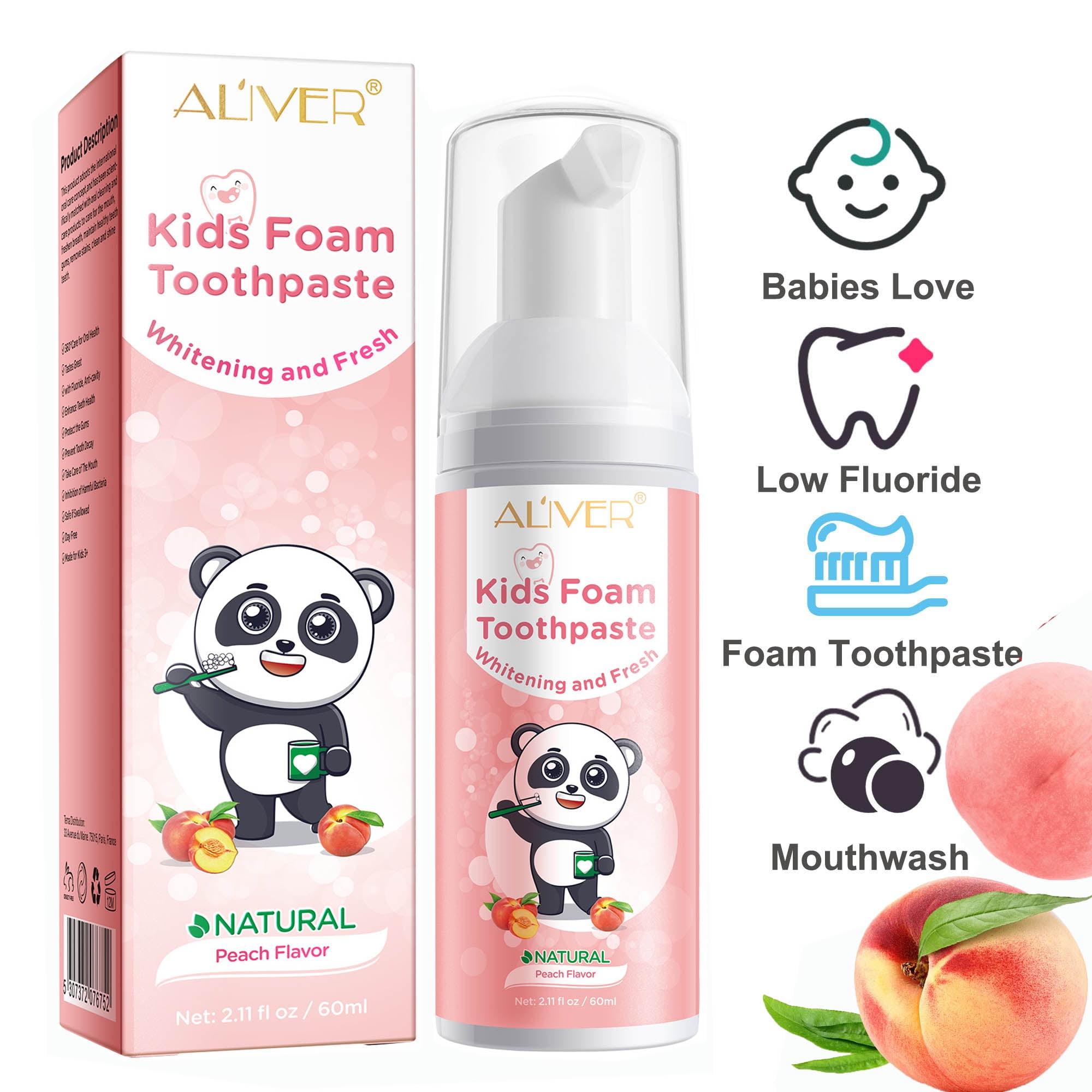 Aliver Kids Foam Toothpaste Peach Flavor, Mild Foaming Low Fluoride