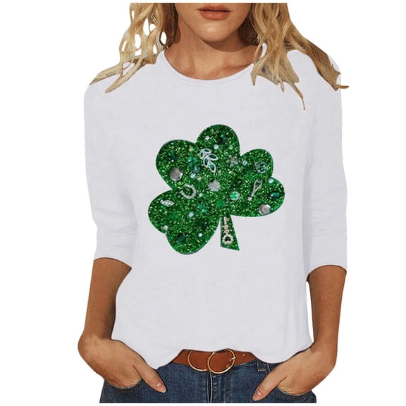 Oplxuo St Patty's Day Shirt Women 2026 Casual Plus Size 3/4 Sleeve Irish Clover Shirts Funny Saint Patrick's Tunic Tops