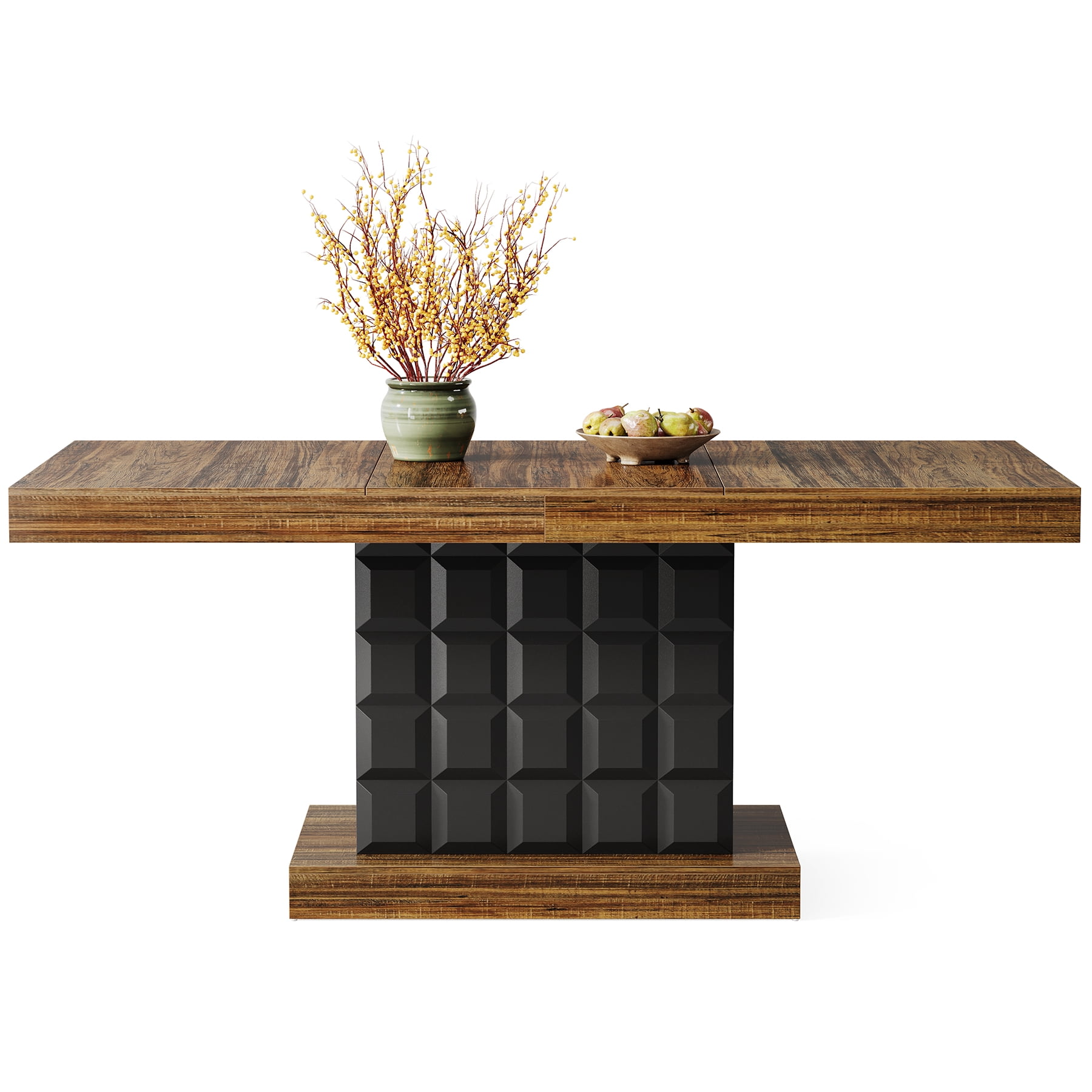 Fnova 63" Farmhouse Dining Table for 4-6 People, Wooden Rectangular Kitchen Table with Geometric Relief Pedestal Base, Easy to Assemble