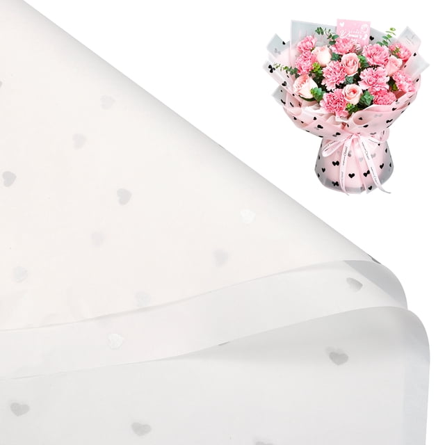 Papel de Seda para Envolver Flores Uxcell (27.6"x19.7", Blanco/Plata) (20 Hojas) Papel de Regalo con Patrón de Corazón