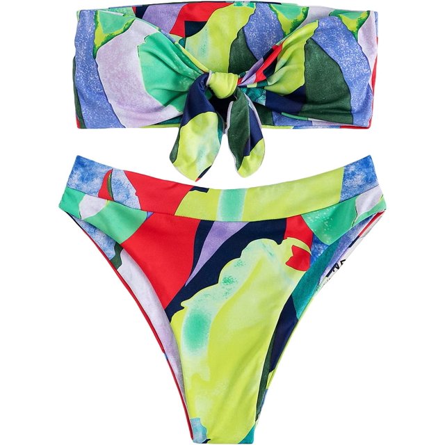 Traje de baño gráfico para mujer con lazo frontal y cintura alta Multicolor por todo el contorno M Multicolor por todo el contorno M Xishao ropa