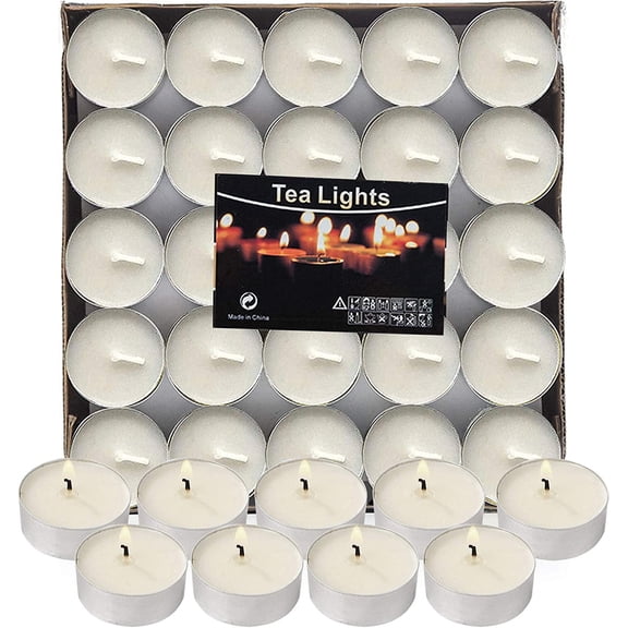 50Pack Tealight Candles, White, Unscented, Smokeless, Dripless & 6Hours Burn Time Long Burning Paraffin Tea Lights Candles for Home, Romantic Decor, Pool, Shabbat, Weddings & Emergencies