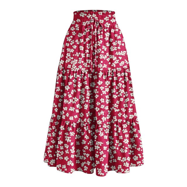 Women's Floral Tiered Ruffle Maxi Skirts Boho A Line Flared High Waist Vintage Flowy Long Skirt with Drawstring