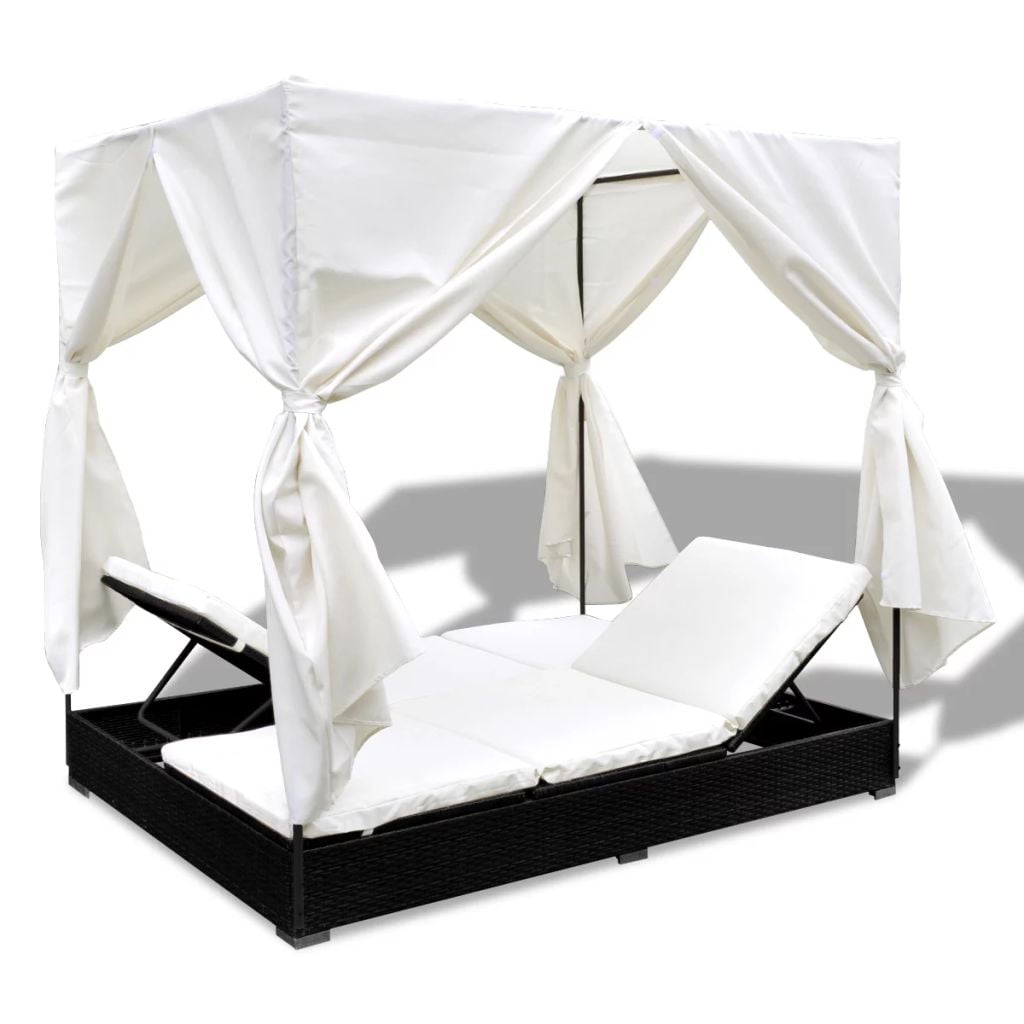 Kepooman Outdoor Poly 2-Seat Adjustable Rattan Lounge Bed with Removable Curtains for Patio Beach, Black Kepooman Outdoor Poly 2-Seat Adjustable Rattan Lounge Bed with Removable Curtains for Patio Beach, Black