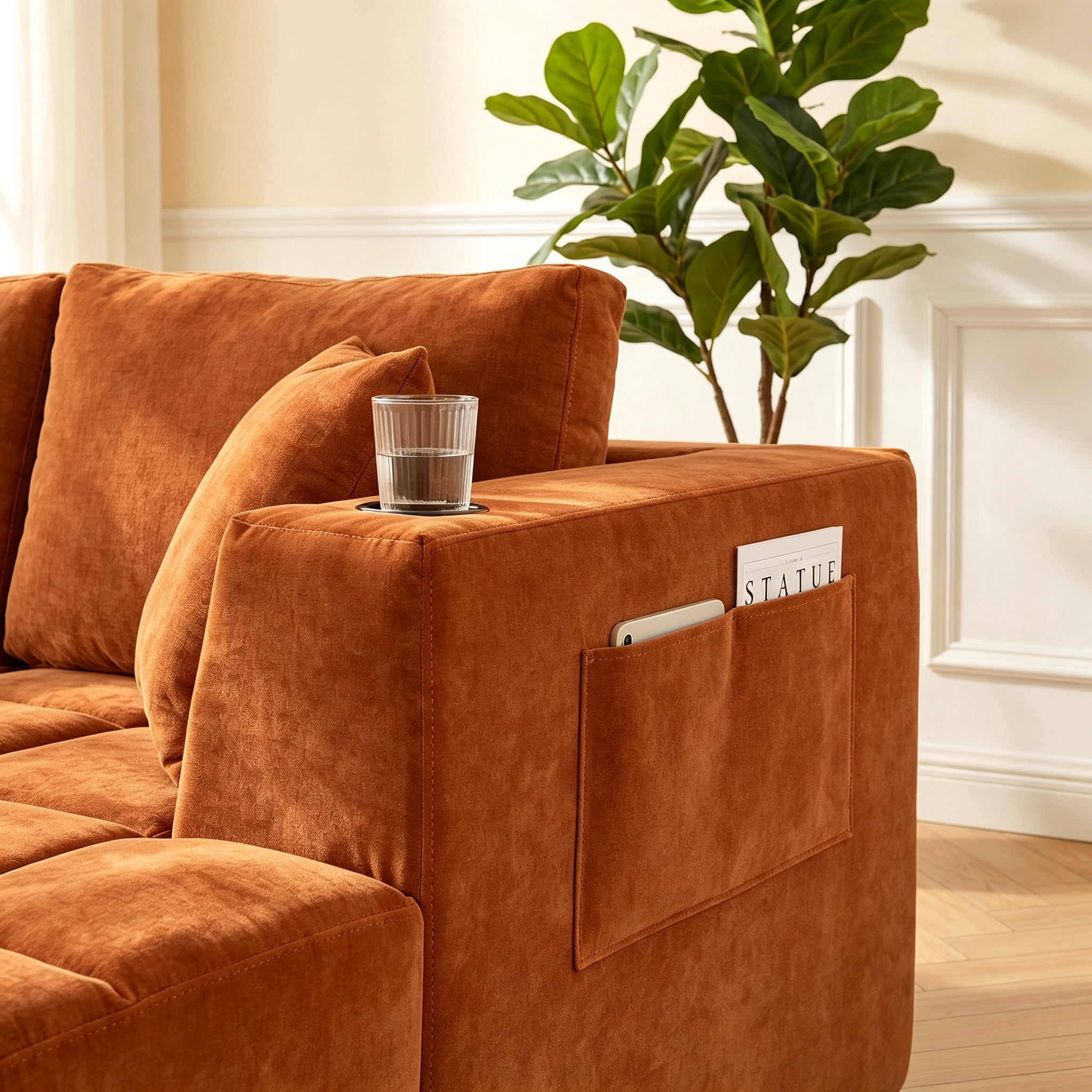ShiKeyi 132.5" Modern U-Shaped Modular Sectional Sofa with Double Chaise, Premium Chenille Fabric Cloud Couch Set with Cup Holders & Storage Pockets for Living Room, Orange