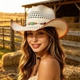 thumbnail image 2 of Woven Straw Western Cowboy Hat with Beaded Band, Unisex Wide Brim Sun Hat, Adjustable Chin Strap Summer Beach Headwear, 2 of 4