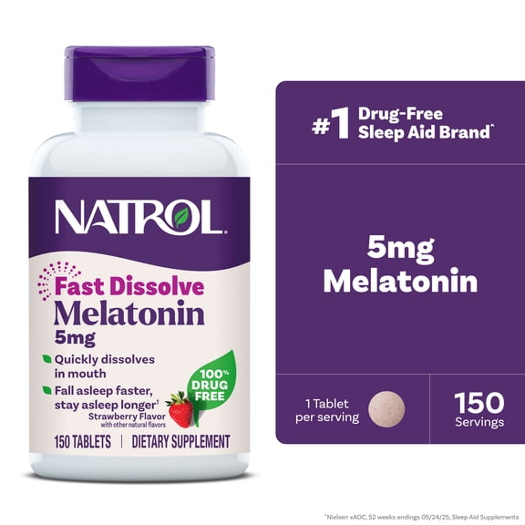 Natrol® Sleep Melatonin Fast Dissolve Tablets, Nighttime Sleep Aid, Strawberry Flavor, 5mg, 150 Ct