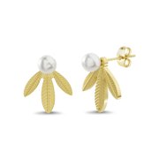 Womens Simulated Pearl Leaf Design Drop Earring
