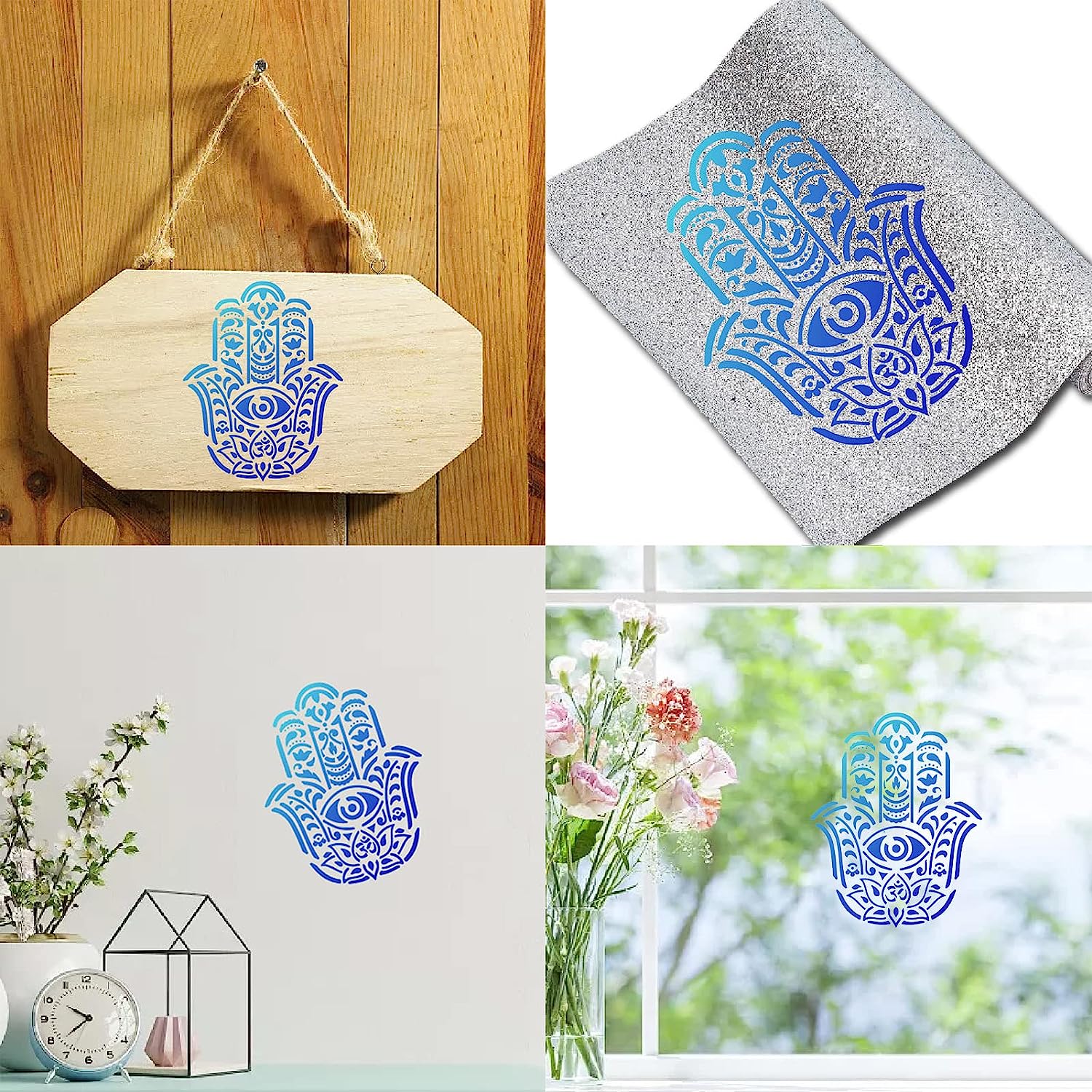 3-Piece Hamsa Hand & Lotus Stencils - Reusable Painting Templates For Walls, Canvas & Furniture