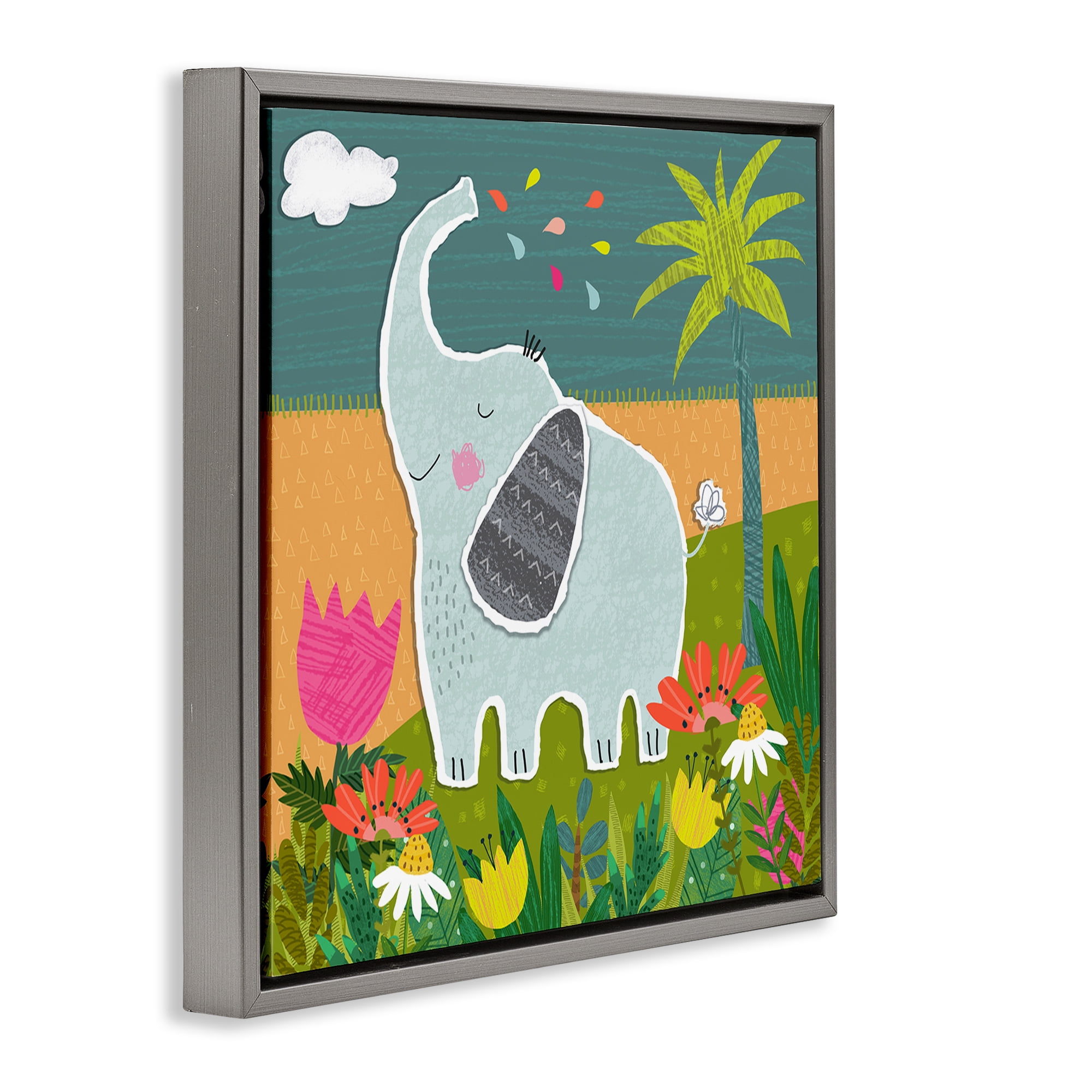 Stupell Industries Tropical Elephant Scene Animals Painting Gray Floater Framed Canvas Art Print Wall Art, 18 x 18