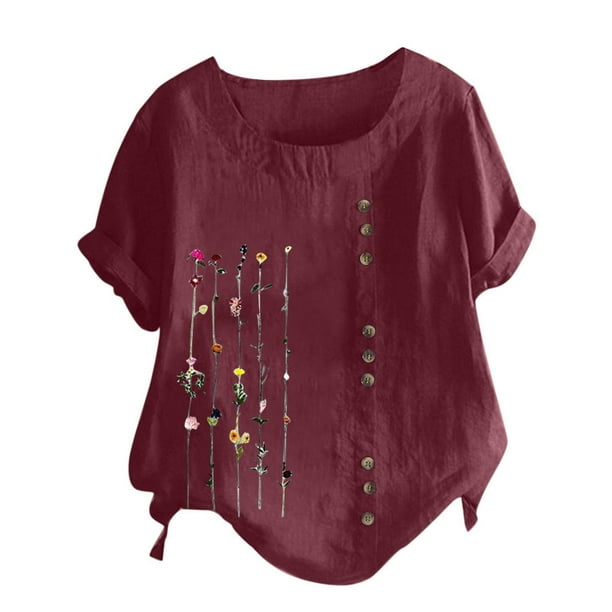 Mujeres manga corta casual cuello redondo impreso botón suelto túnica camisa blusa tops Pompotops hkajfhjk470106
