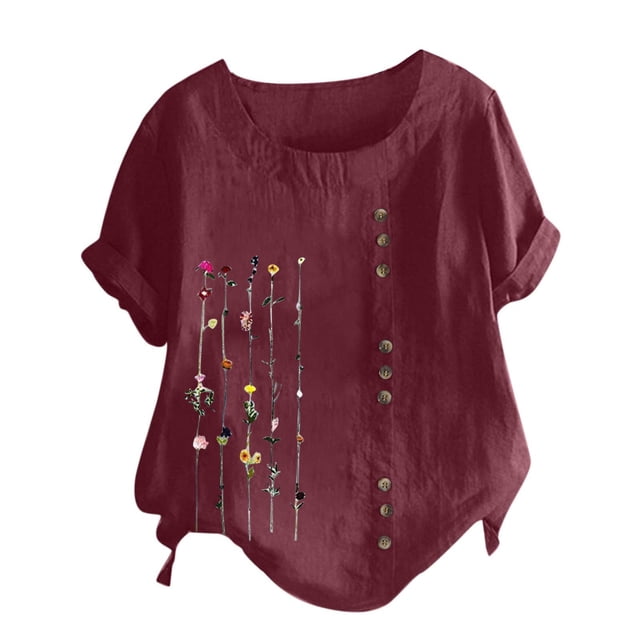 Mujeres manga corta casual cuello redondo impreso botón suelto túnica camisa blusa tops Pompotops hkajfhjk470109