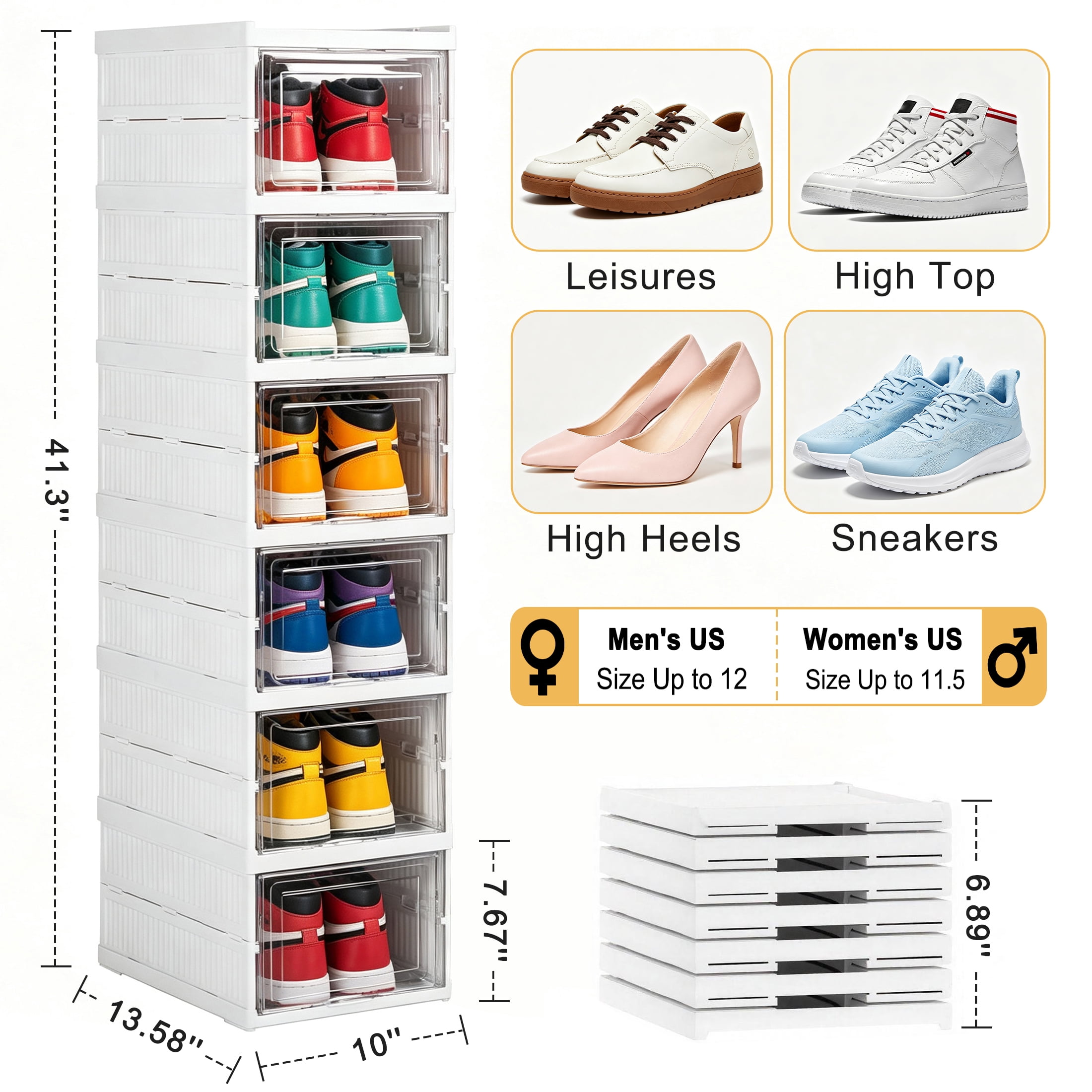 GARITIN Shoe Storage Box, 6 Tier Foldable No Assembly Clear Door Stackable Plastic Shoe Organizer
