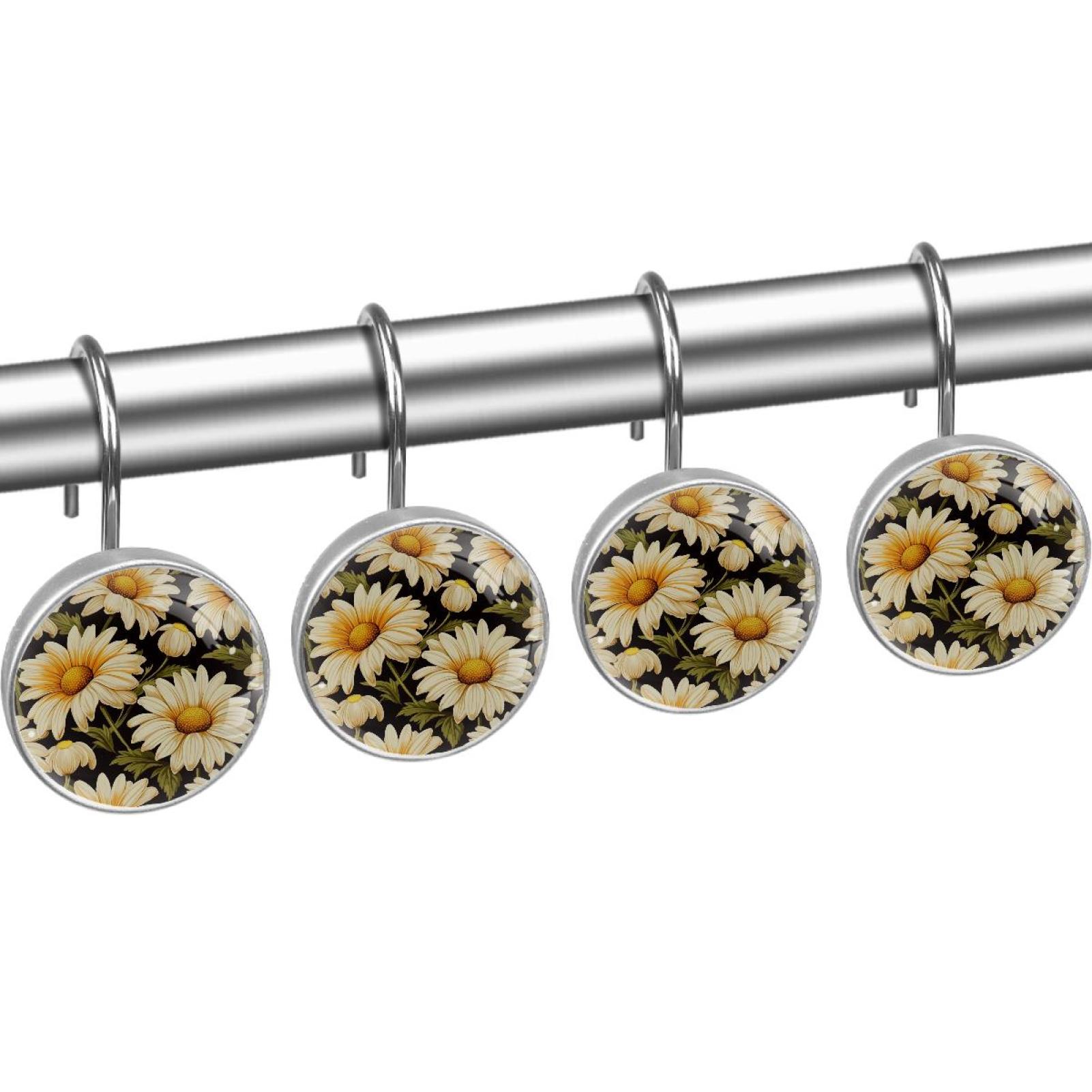 White Daisy Flowers Rolling Shower Curtain Hooks, Clear Crystal Glass Art Decorative Stainless Bath Bathroom Set 12 Pcs