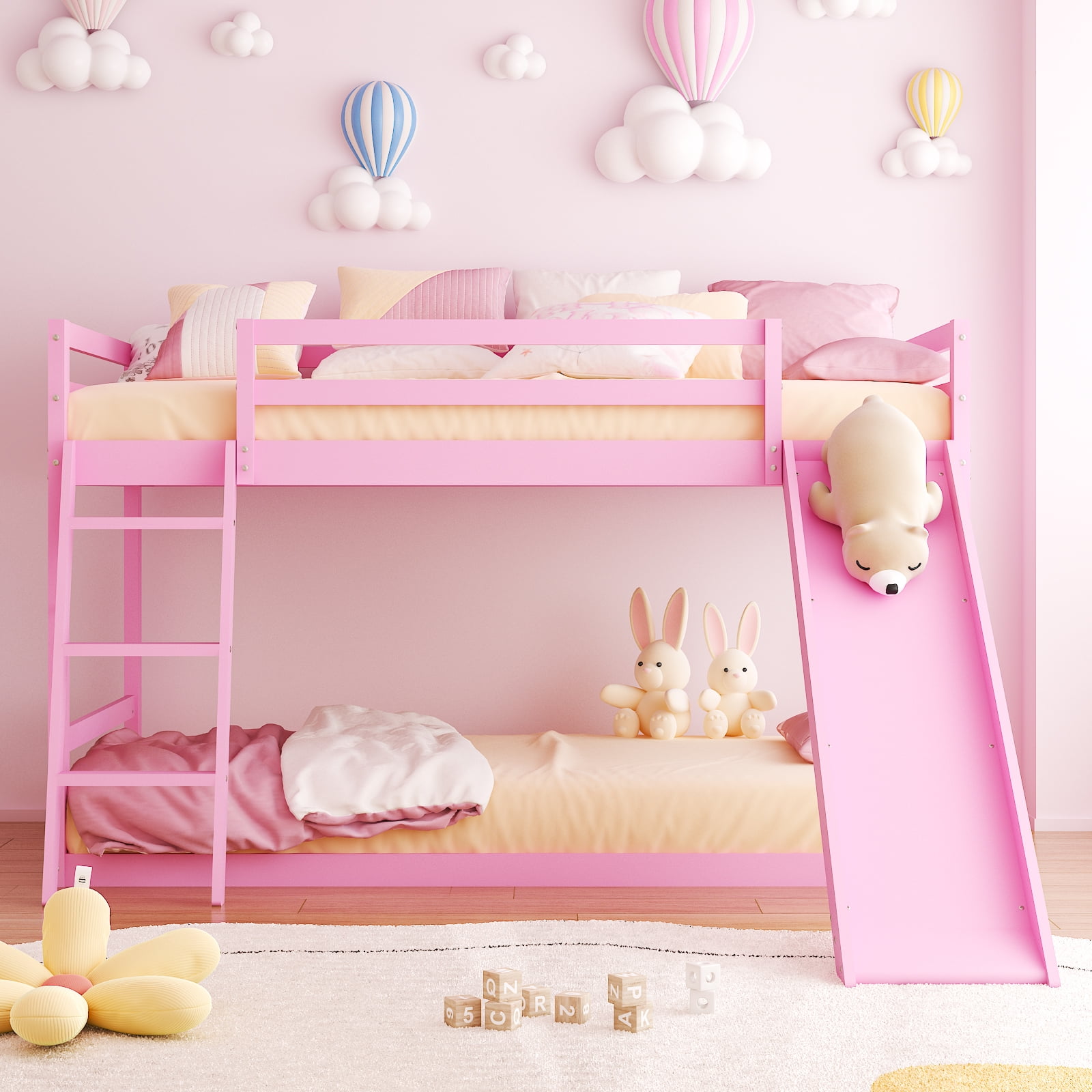 Zimtown Bunk Bed Twin Over Twin, Pink Pine Wood Frame with Slide