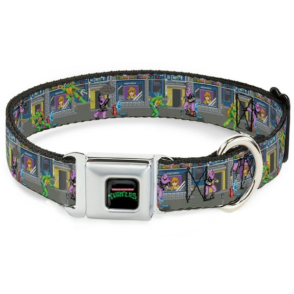 Nickelodeon Pet Collar, Dog Collar Metal Seatbelt Buckle, Ninja Turtles Battle Purple Foot Soldier Video Game Scene, 9.5 to 13 Inches 1.0 Inch Wide