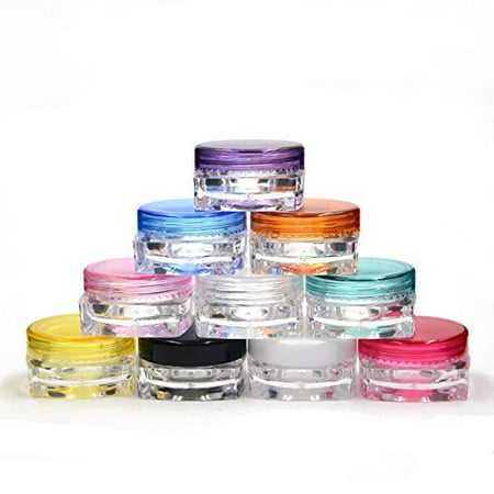 10 Grand Parfums 3g gram Colored Caps on Clear Jars, 3mL Empty Cosmetic Jars Lip blam, Lip Gloss, Clear with Colorful