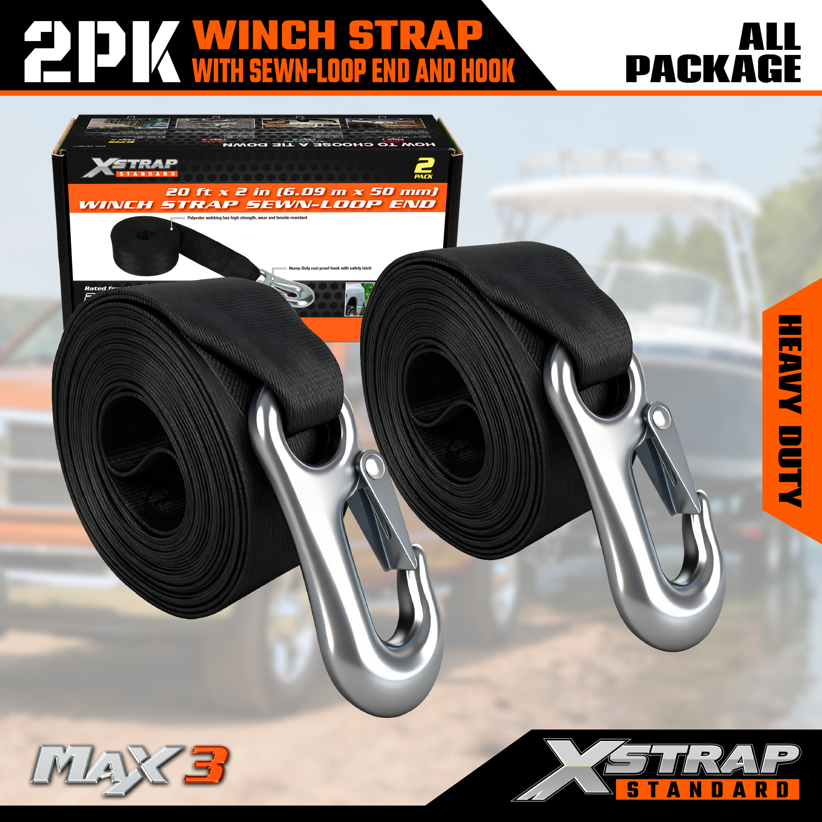 XSTRAP 2 pk 2" x 20' Boat Winch Strap with Hook