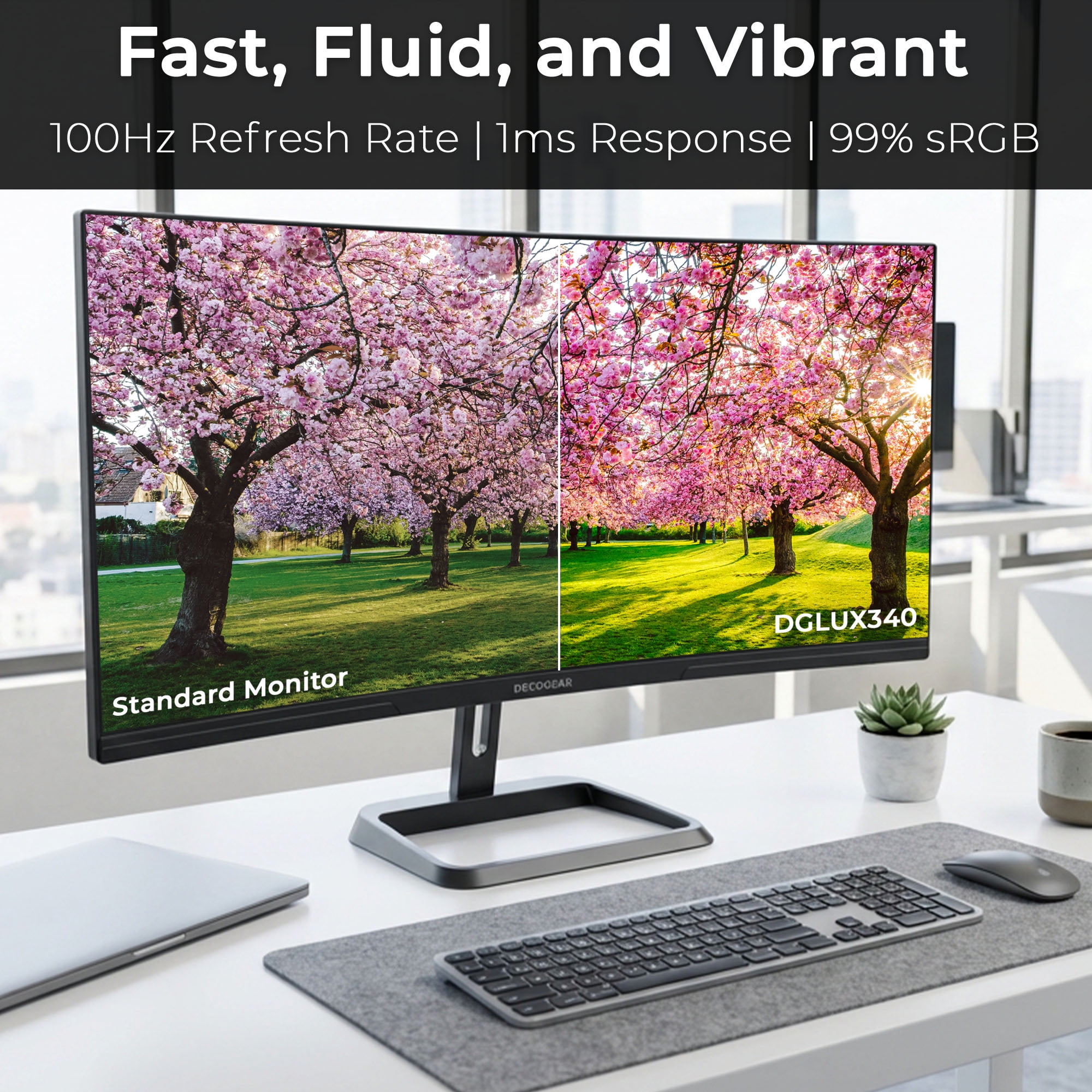 Deco Gear 34" Curved UltraWide WQHD Monitor 3440×1440, 100Hz, 1ms, 99% sRGB, HDR, Low Blue Light, PIP/PBP, 2× HDMI, 2× DisplayPort, Tilt-Adjustable Stand - Business Productivity Display