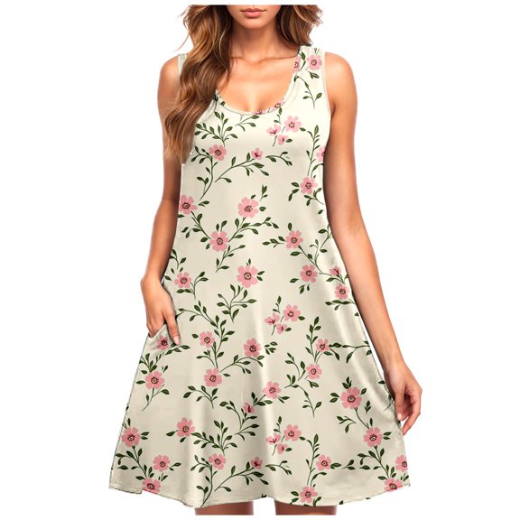 ZQUUVOU Women's Casual Summer Dress Floral Print Sleeveless Neck Knee Length Skirt Beach Dress Beige
