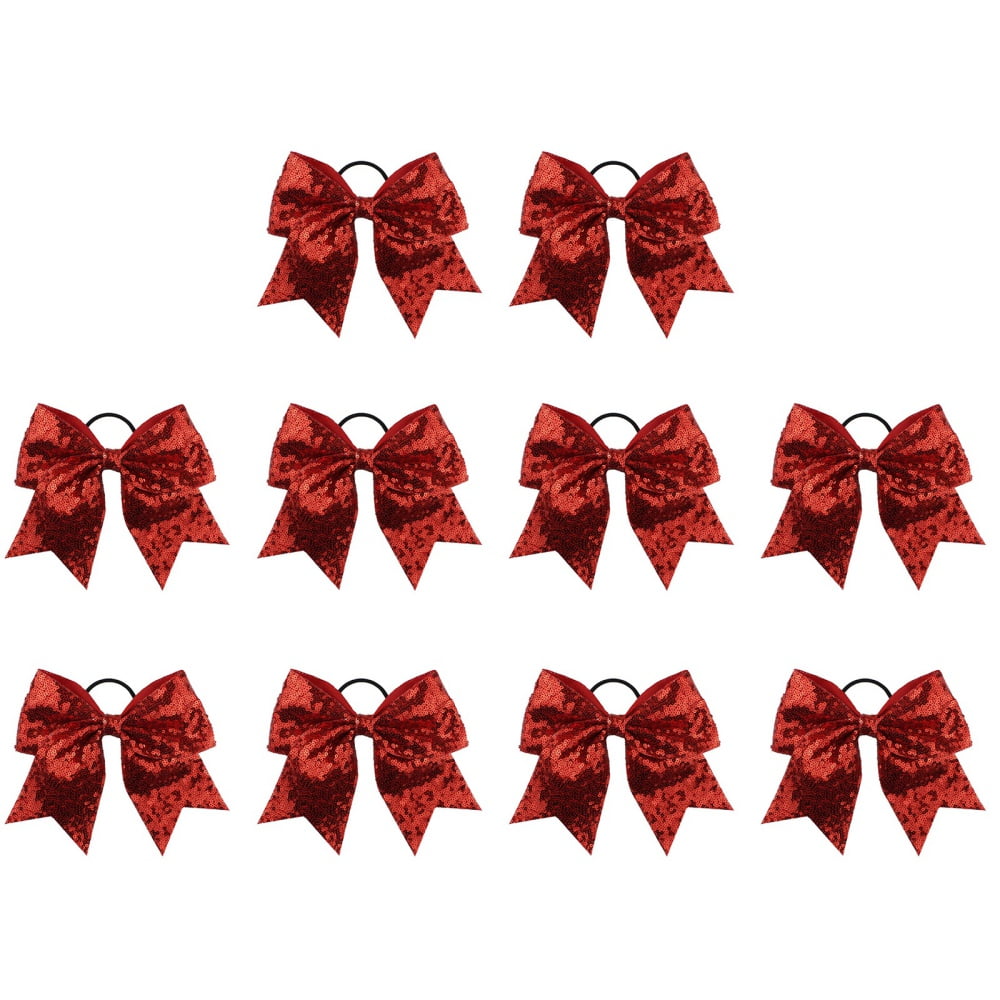 Metallic Sequin 8" Cheer Bow Cheerleading Bow Hair Tie 10 Pack (Red