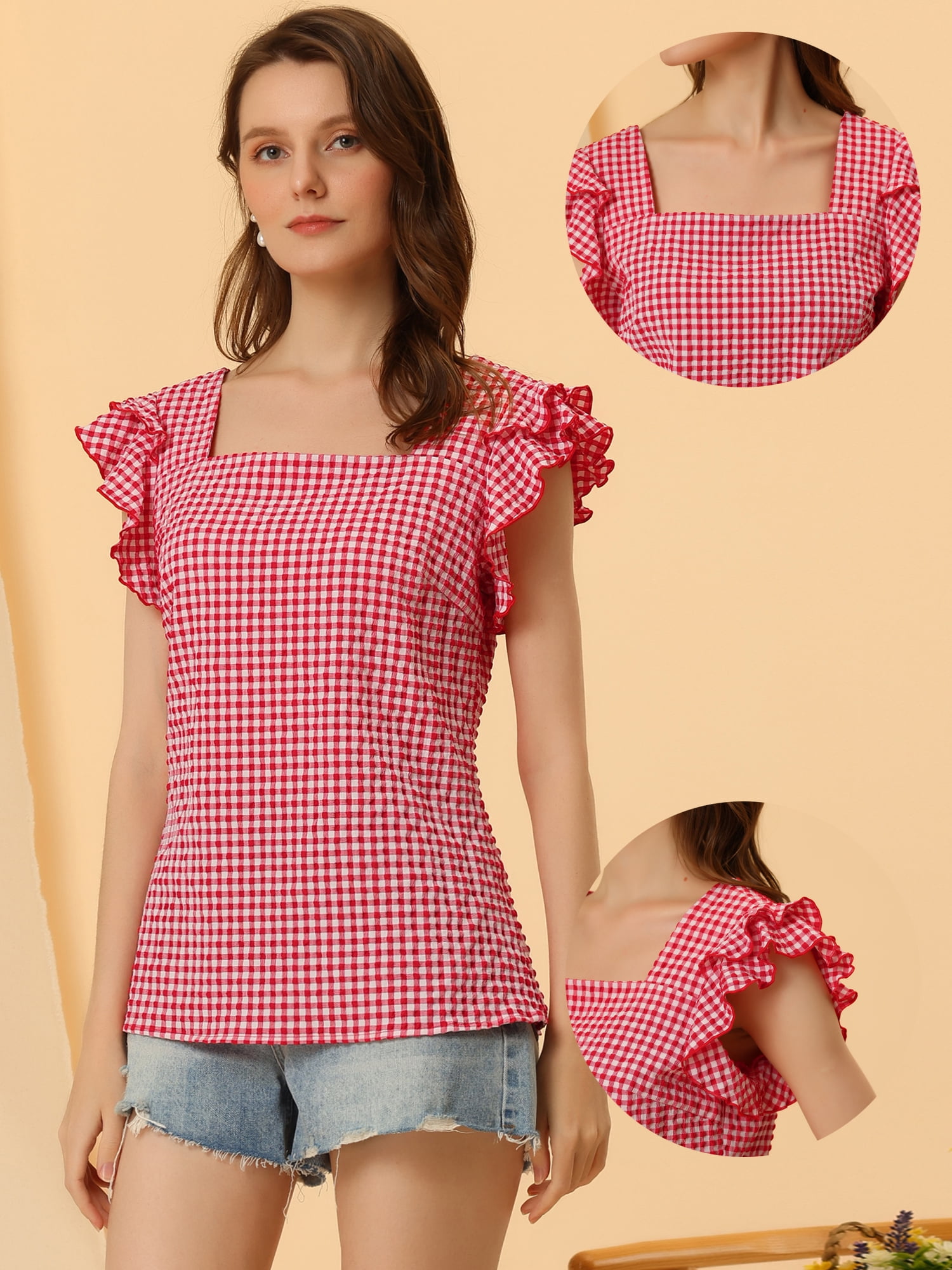 DARING DIVA Square Neck Ruffle Sleeve Blouse L Red