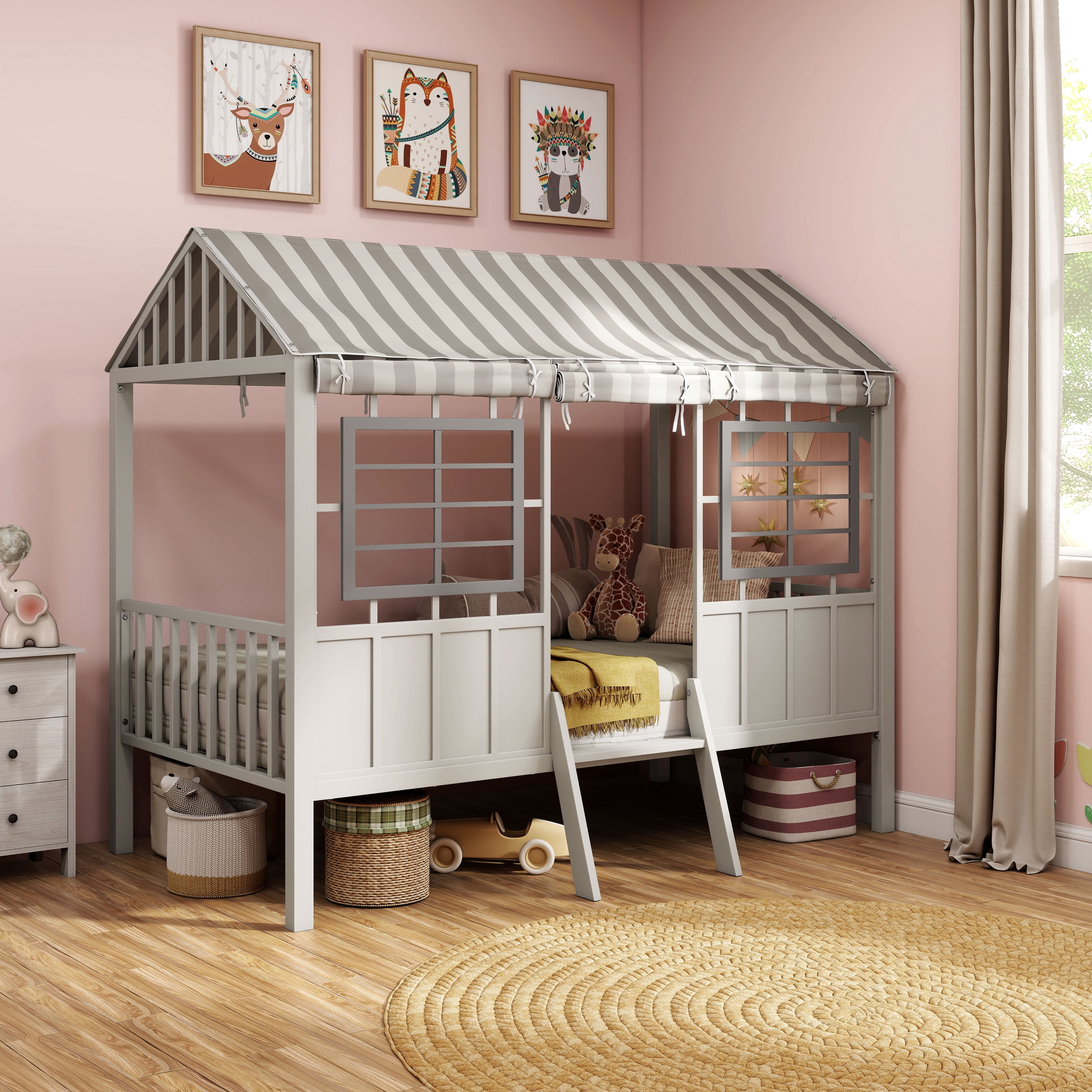 Furniture of America Little House Kids Metal Loft Bed with Guardrails, Gray, Twin