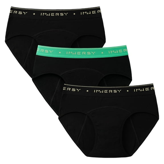 INNERSY Big Girls' Period Panties Cotton Menstrual Underwear For Teens 3-Pack (12-14 Years,Black/Green Band)