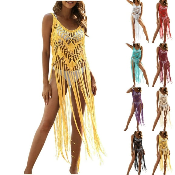 Axiiglly Beach Cover Ups for Women Summer Casual Bikini Vacation Oufits Solid Color Crochet Coverups Fringe Swimwear Coverup Hollow Out Bathing Suit Cover Up