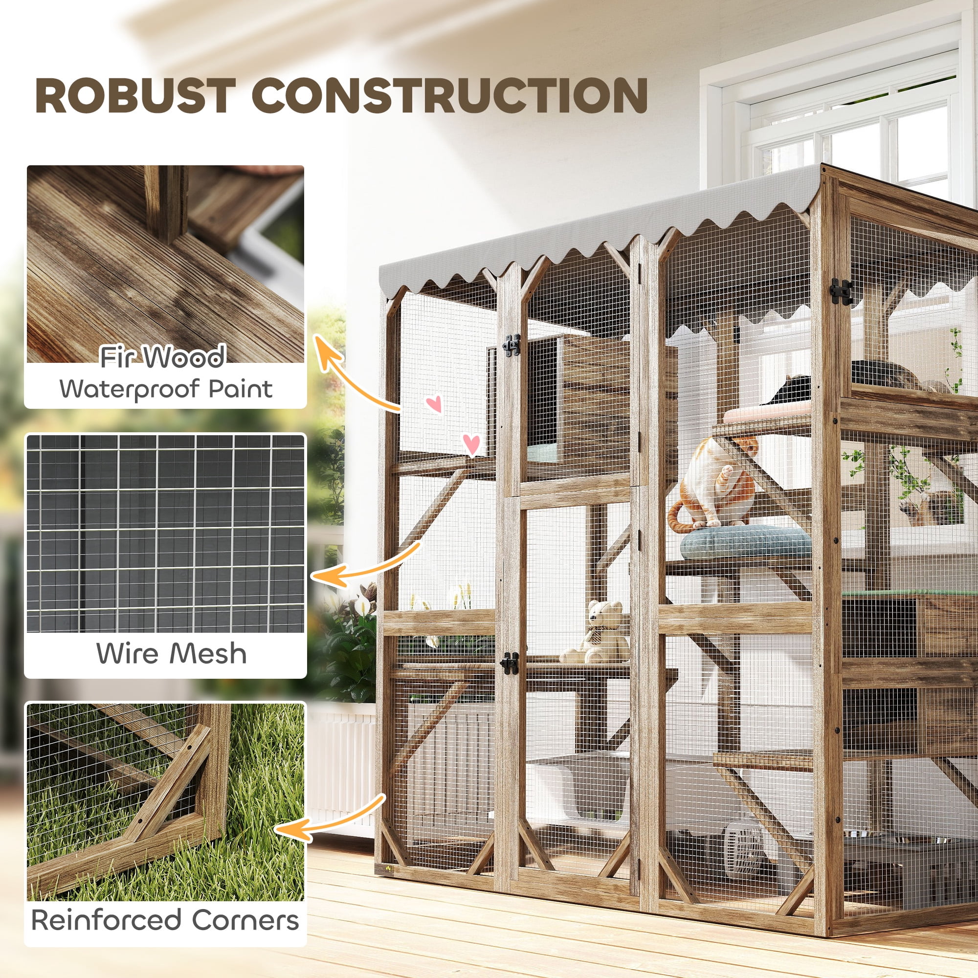 PawHut Catio Outdoor Cat Enclosure, Wooden Cat House with Window Access, 5 Platforms and 2 Resting Boxes, Waterproof Roof for Multiple Cats, Brown