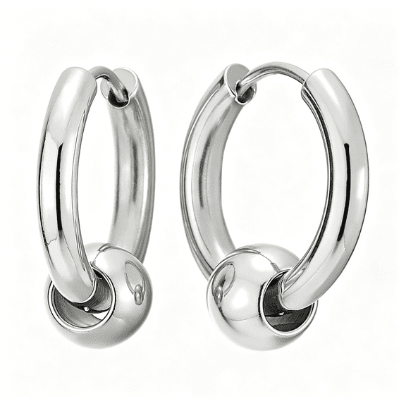 DESIGNICE Stainless Steel Circle Beads Huggie Hinged Hoop Earrings for Men Women,2Pc