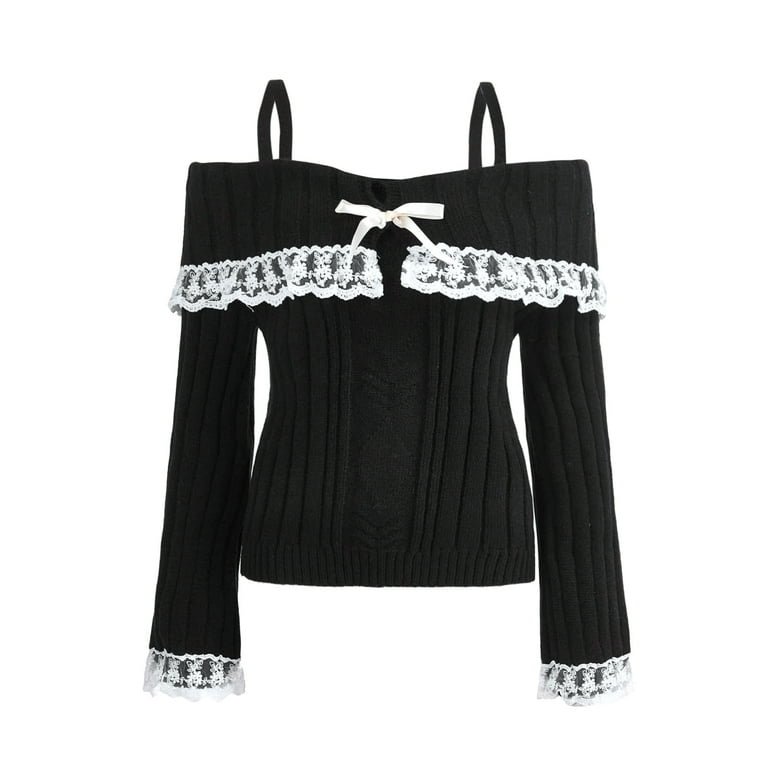 Women Cold Shoulder Sweater Long Sleeve Contrast Lace Splicing