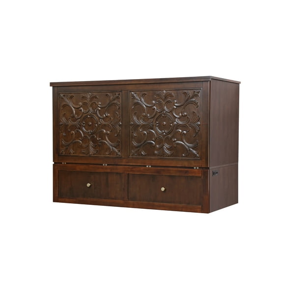 Domabella Murphy Cabinet Chest Bed with Charging Station 8 inch, Queen Size, Traditional Hand Carved Design (Tobacco)
