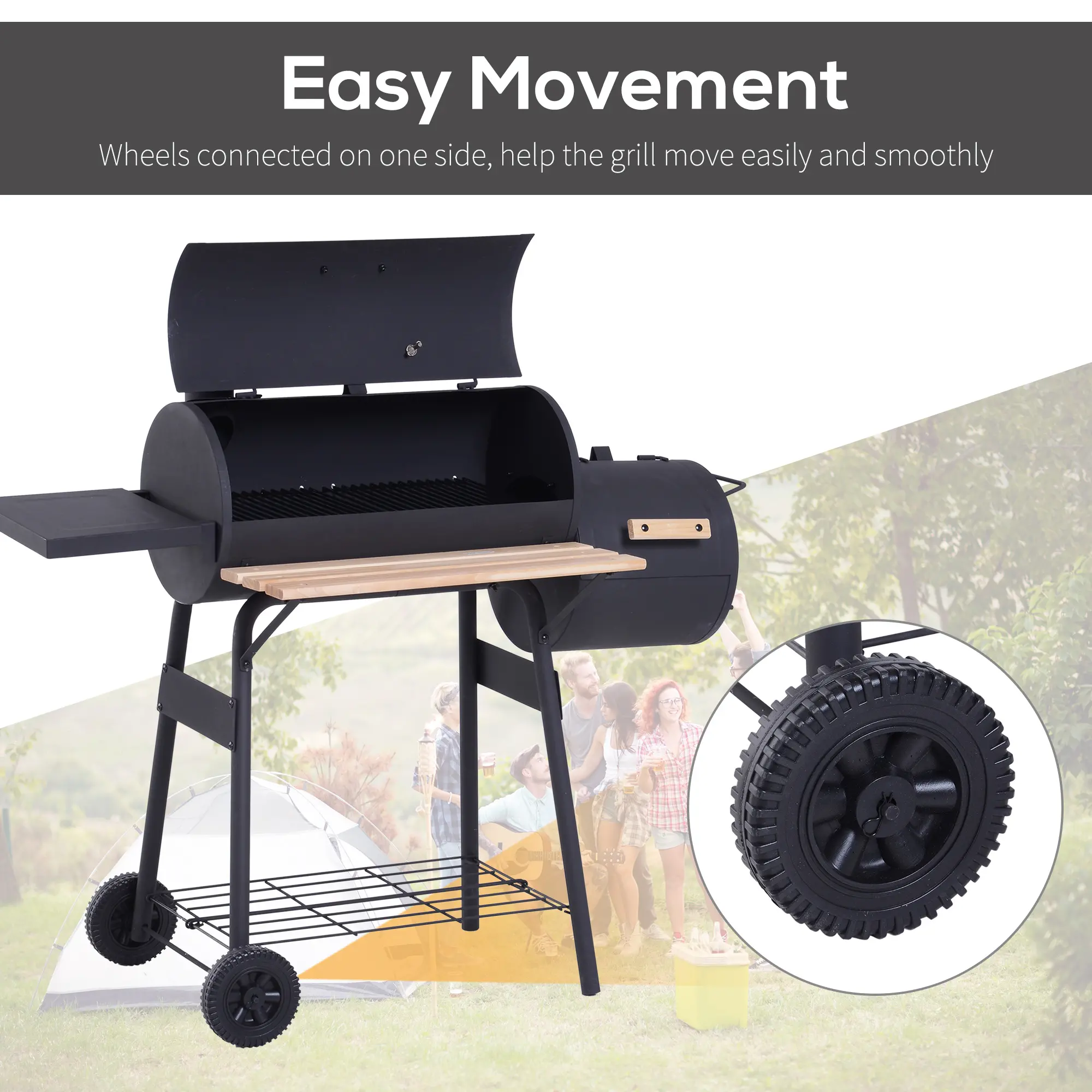Portable Charcoal BBQ Grill with Wheels, Shelves & Thermometer, Black