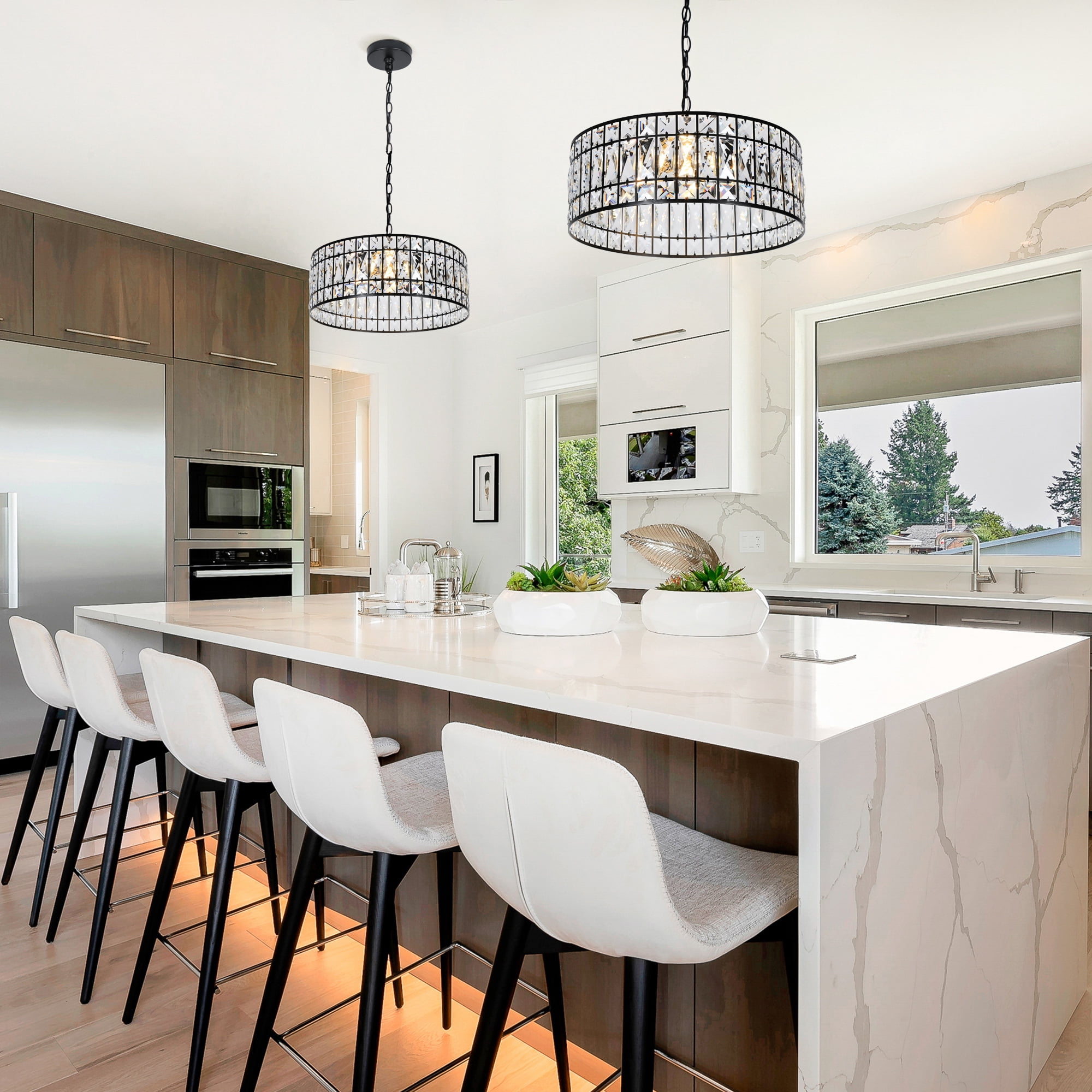 LNC 18" Modern Crystal Drum Chandelier with Matte Black Frame for Dining Room or Foyer