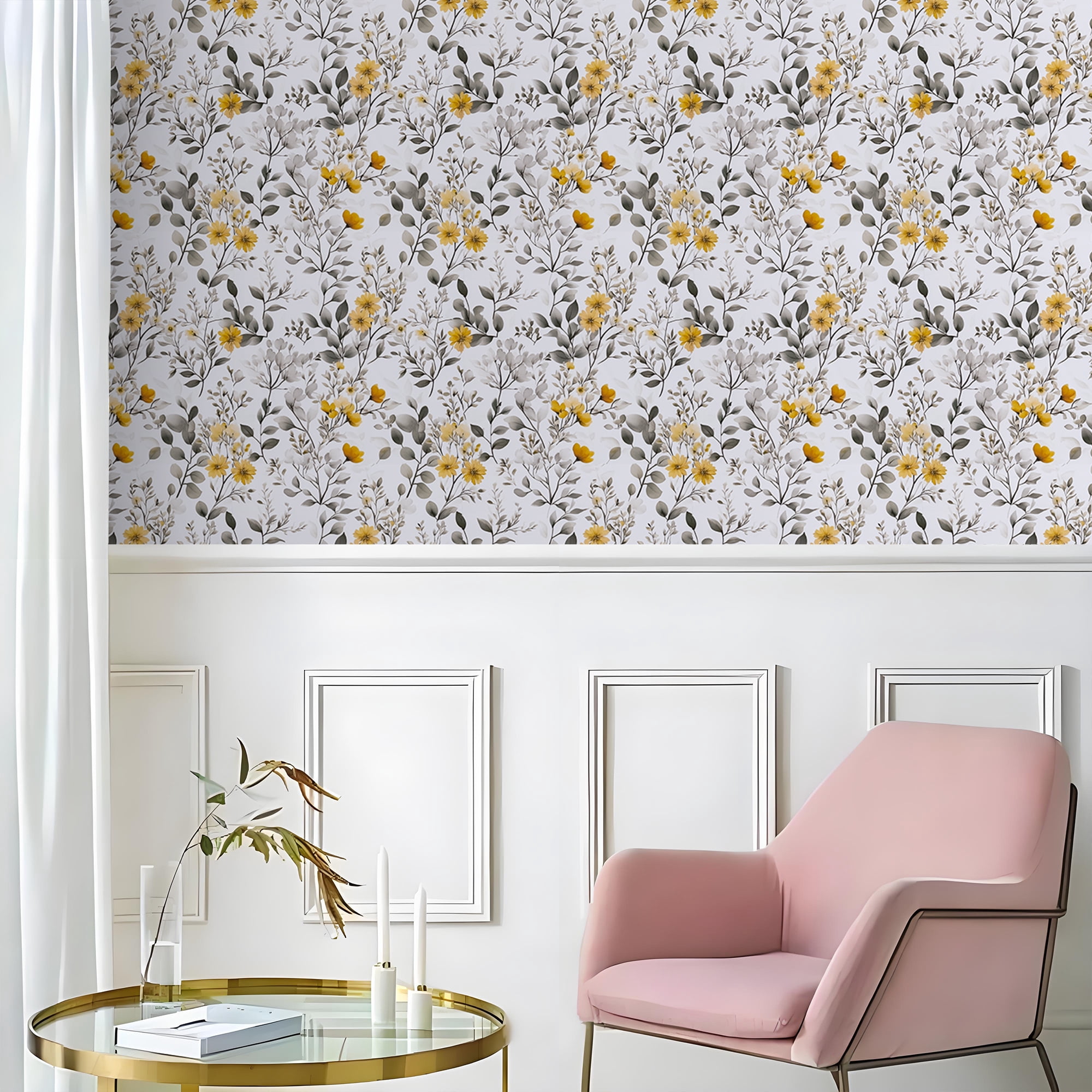 Abyssaly Floral Peel and Stick Wallpaper 17.3 "x 118.1" Yellow Flower and Ink-Wash Leaves Wallpaper Vintage Vinyl Contact Paper Suitable for Home Walls Cabinet Bedroom