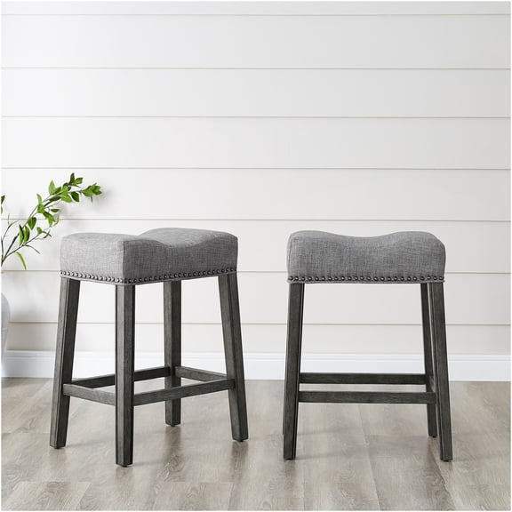 JERFIT Gray Upholstered Wood Counter Stools Set of 2, Backless Saddle Seat Bar Stools for Kitchen Island, Modern Farmhouse