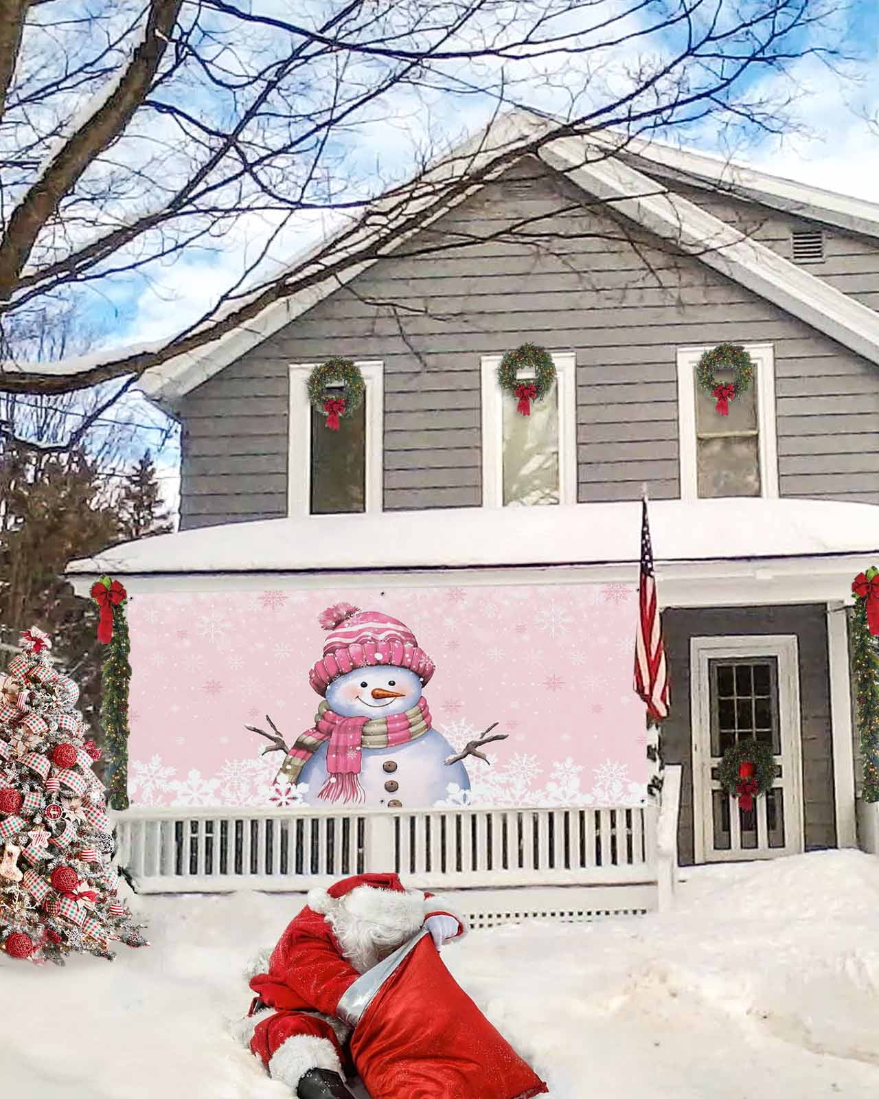 Garage Door Banner Cover 6 x 13 ft, Pink Christmas Snowman with Cap Xmas Tree Snowflake Christmas Garage Door Decorations Holiday Christmas Backdrop Decor for Winter New Year Xmas Party