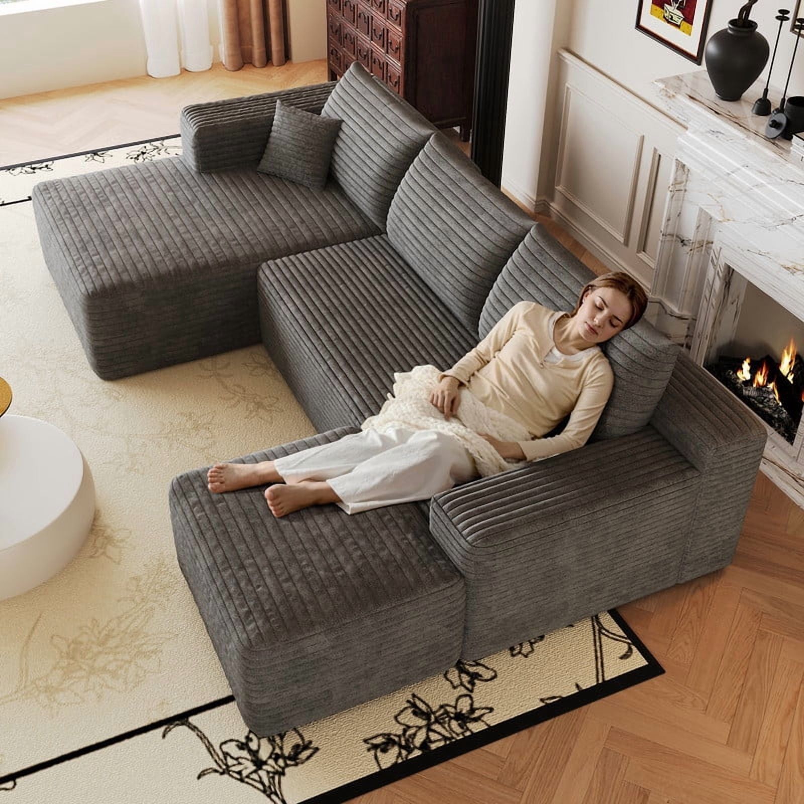 103" Cloud Sectional Sofa with Ottoman, Modern U-Shaped Modular Couch with Reversible Chaise Lounge, Plush Corduroy Upholstered Deep Seat Sofa for Living Room, Apartment, No Assembly Required