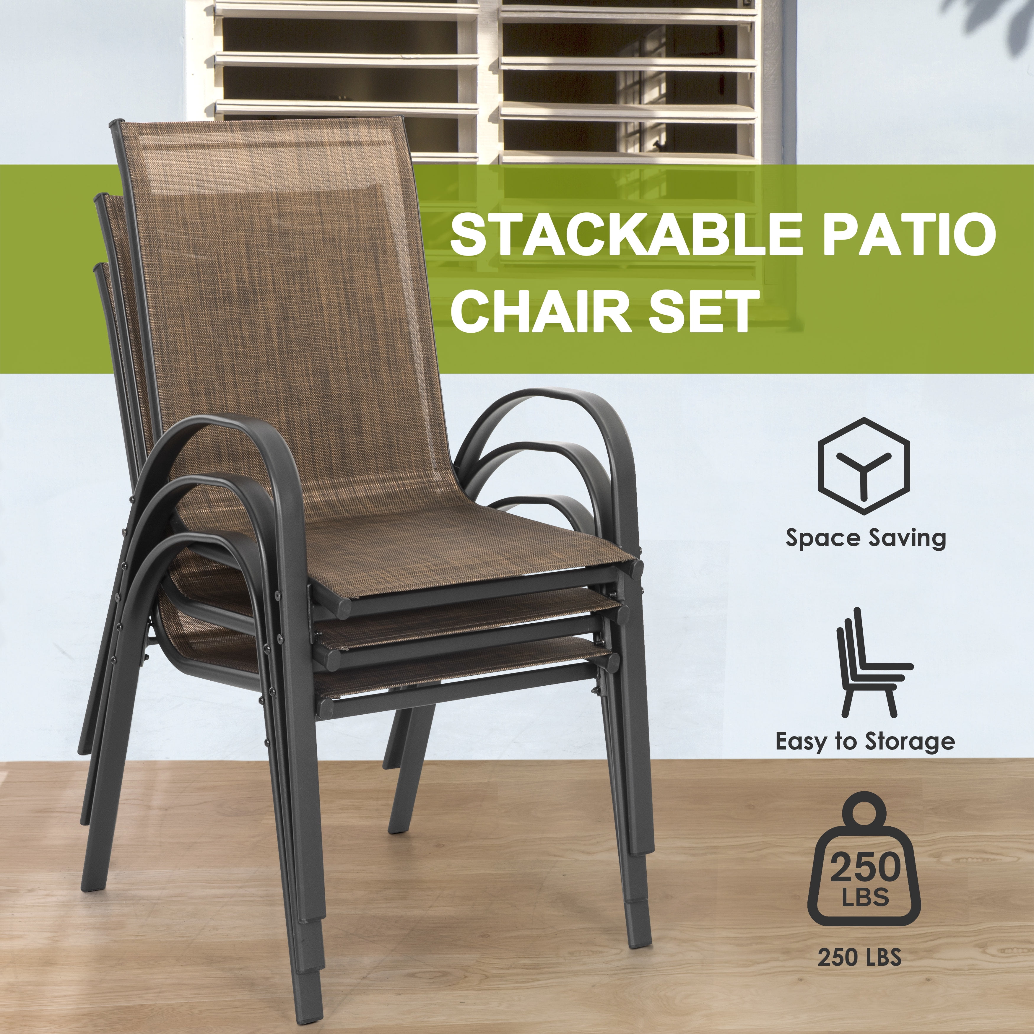 Nuu Garden Outdoor Stackable Chairs Set of 4, Patio Dining Chairs for All Weather, Breathable Textilene Outdoor Chair Set with Armrests, Brown