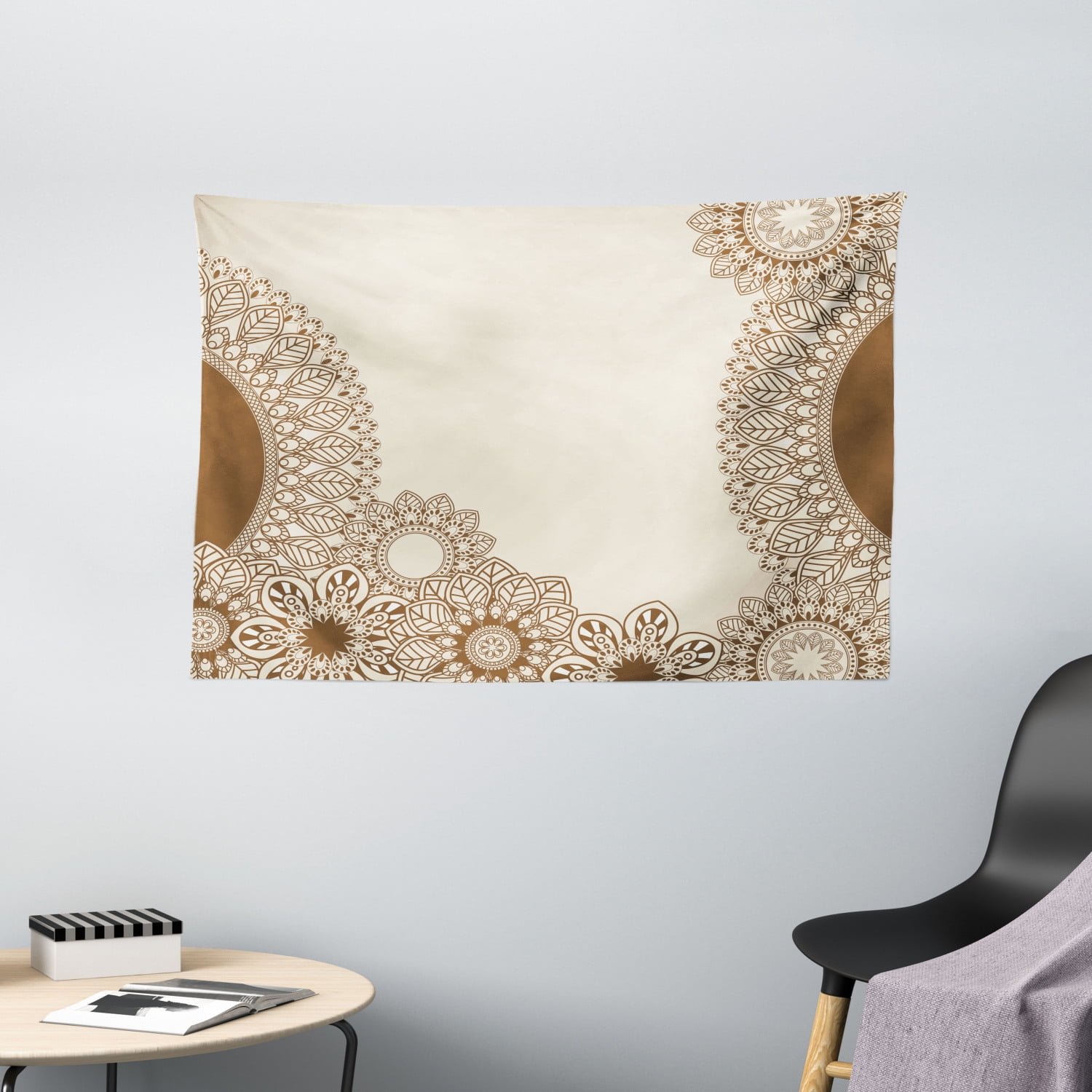 Henna Tapestry, Hand Drawing Style Old Fashioned Mandala Figures